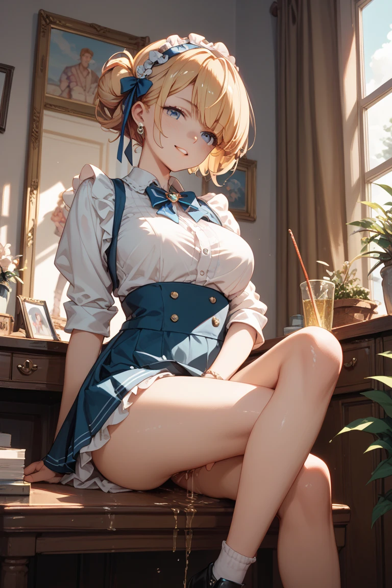 (masterpiece:1.2, highest quality), (realistic, photorealistic:1.4), beautiful illustrations, (natural side lighting, movie lighting), Depth of written boundary, 
looking at the viewer, Front view, 1 girl, English, high school girl, 20 years old, perfect face, Cute symmetrical face, shiny skin, open legs,
(bob hair:1.7,blonde), asymmetrical bangs, Big eyes, droopy eyes, long eyelashes chest), thin, 
beautiful hair, beautiful face, fine and beautiful eyes, beautiful clavicle, beautiful body, beautiful breasts, beautiful thighs, beautiful feet, beautiful fingers, 
((fine fabric texture, brown knit vest, short sleeve white collar shirt, navy pleated skirt, Navy bow tie)), 
(beautiful scenery), evening, (Inside the flower shop), Are standing, (smile, Upper grade, open your mouth),  (((skirt lift, no panties, genitals visible))), full body shot, dark blue socks, sexy face, inverted nipples,