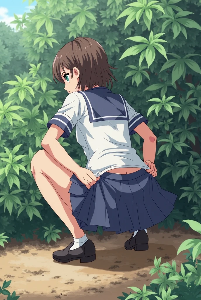 ((Masterpiece)), (best quality), 1girl, JuriAndou, smile, happy, beautiful outdoor setting, glasses, backpack, bus stop,shy, crying, tears, scary, pussy focus view, naked ass, under view, skirt lift, mouth open, pussy, front view, wet legs, shiny legs,