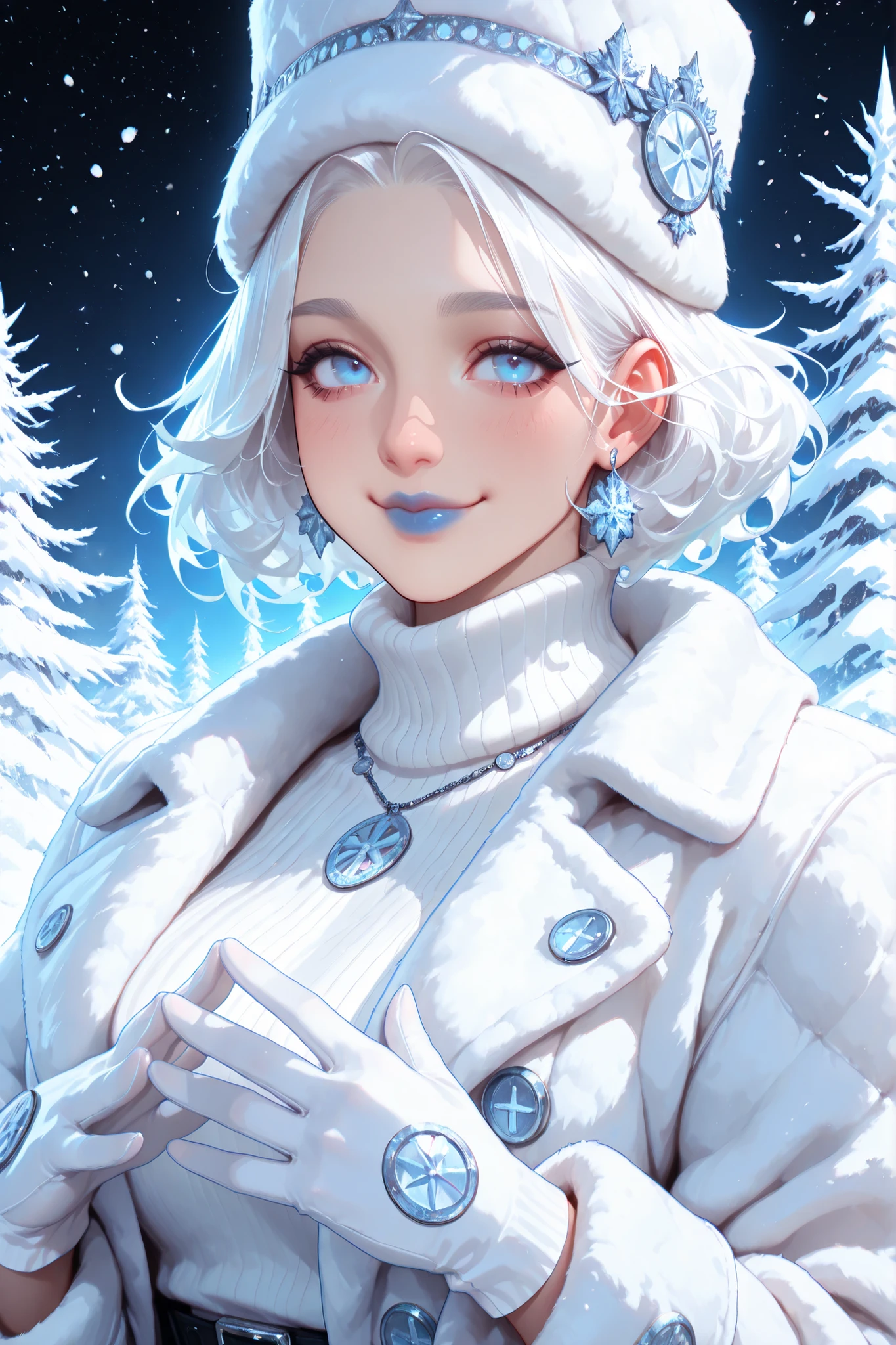  masterpiece, best quality,Gothic woman, wiccan, winter background, She is wearing a white fur coat, fashionable white turtle neck sweater, white gloves, ornate winter hat, long white hair, gorgeous blue eyes, pouty red lips, cute button nose, smile, volumetric lighting, Fujicolor, Canon, 32k resolution ,nq