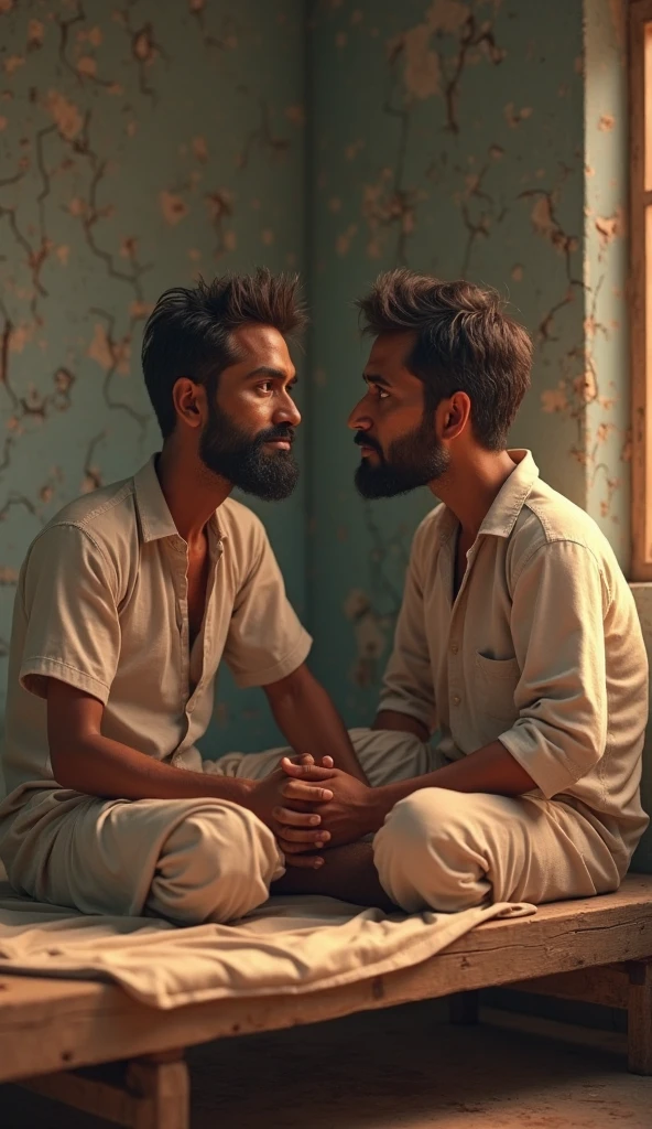 South indian two men, age 25 and age 30, both are Indian brown skin tone, both are hairy body, both are no beard, both are wearing long shorts and tshirt, both men are lying and hugging together on bed.