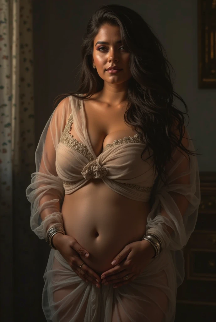 (A beautiful Goddesses, plain background, photoshoot, detailed face, athletic , navel,cute dress), (Photorealsitic:1.4), Raw , Sharp Re, Nikon D850 Film, Stock Photo , F1.6 Lenses Rich Colors ,Hyper Realistic, Life Like Textures, Dramatic Lighting ,Unreal Engine , ((Super Realistic Details))、Global Illumination, Shadows, Octane Rendering, 8K, Ultrasharp, Highly Detailed, Realistic Light, Ink Color Art, Ink Sketch Art, thong strings (huge perky breasts, deep cleavage 1.8) smiling , ((yellow colour proper full lace bustier babydoll netted ))((nightie pyjamas shorts underwear,)) ((oily skin, oily body, shiny skin)) pregnant woman, standing, ((hands on waist)) sitting on sofa ((netted gown nightie))