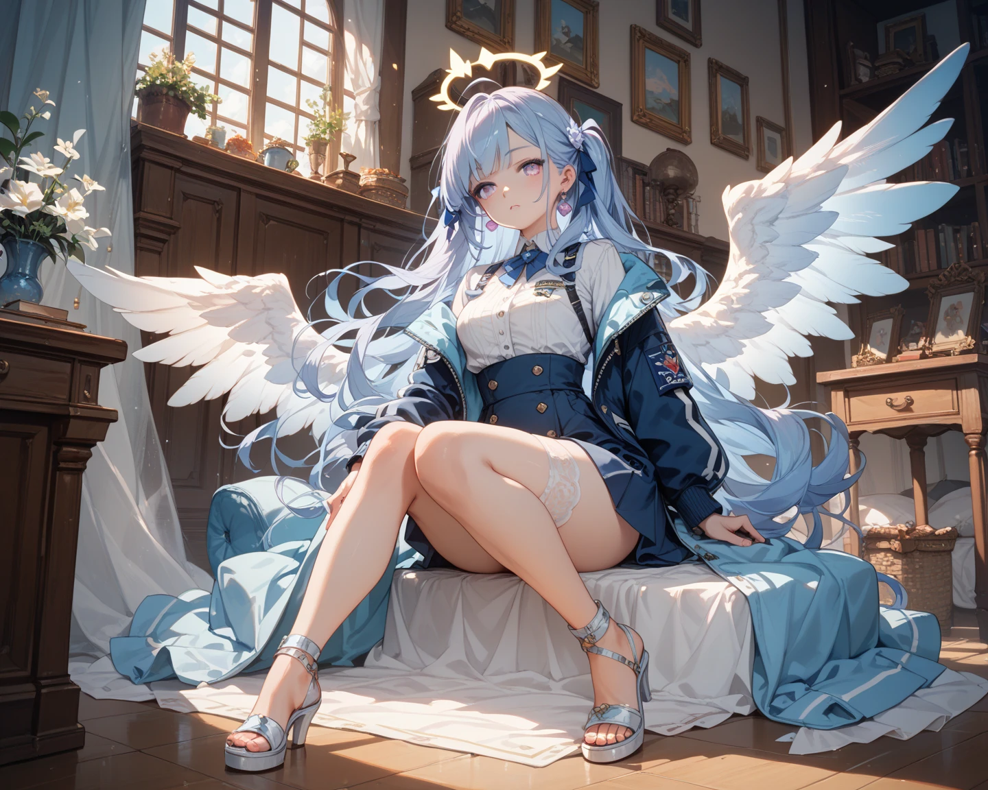 (best quality,4k,8k,highres,masterpiece:1.2),ultra-detailed,(realistic,photorealistic,photo-realistic:1.37),HDR,UHD,studio lighting,ultra-fine painting,sharp focus,physically-based rendering,,long silver hair,intense green eyes,detailed facial features,beautiful detailed eyes,beautiful detailed lips,extremely detailed eyes and face,smile,stunning thighs,monk,white clothes,wings,fantasy forest,serene atmosphere,mysterious aura