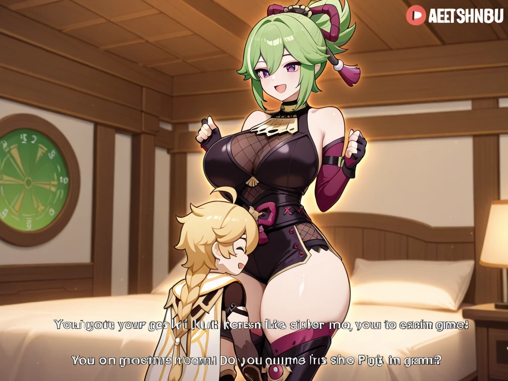 Esmeralda, 18 years old, long blonde hair, blue eyes, huge breasts, being in the locked room with her sister doing a spell to possess her while Cristalina, 20 years old, long blonde hair, light lilac eyes, having sex with the nobleman while Esmeralda is lying down without reacting, having Crystalina bruises while kissing the nobleman.hentai