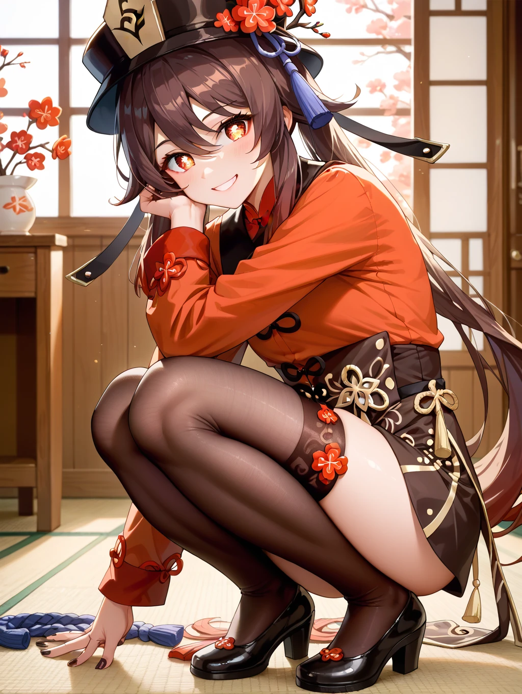 (masterpiece, best quality, detailed), 1girl, solo, looking at viewer, chiori, hair ornament, japanese clothes, kimono, flower, gloves, black gloves, hair flower, elbow gloves, pantyhose, sash, obi, long hair, thighhighs, choker,
outdoors, mountain, fantasy, scenery, sky, bamboo forest, east asian architecture, arm on knee, cameltoe, head rest, knees together feet apart, panties, sitting, stairs, upskirt, parted lips, smile