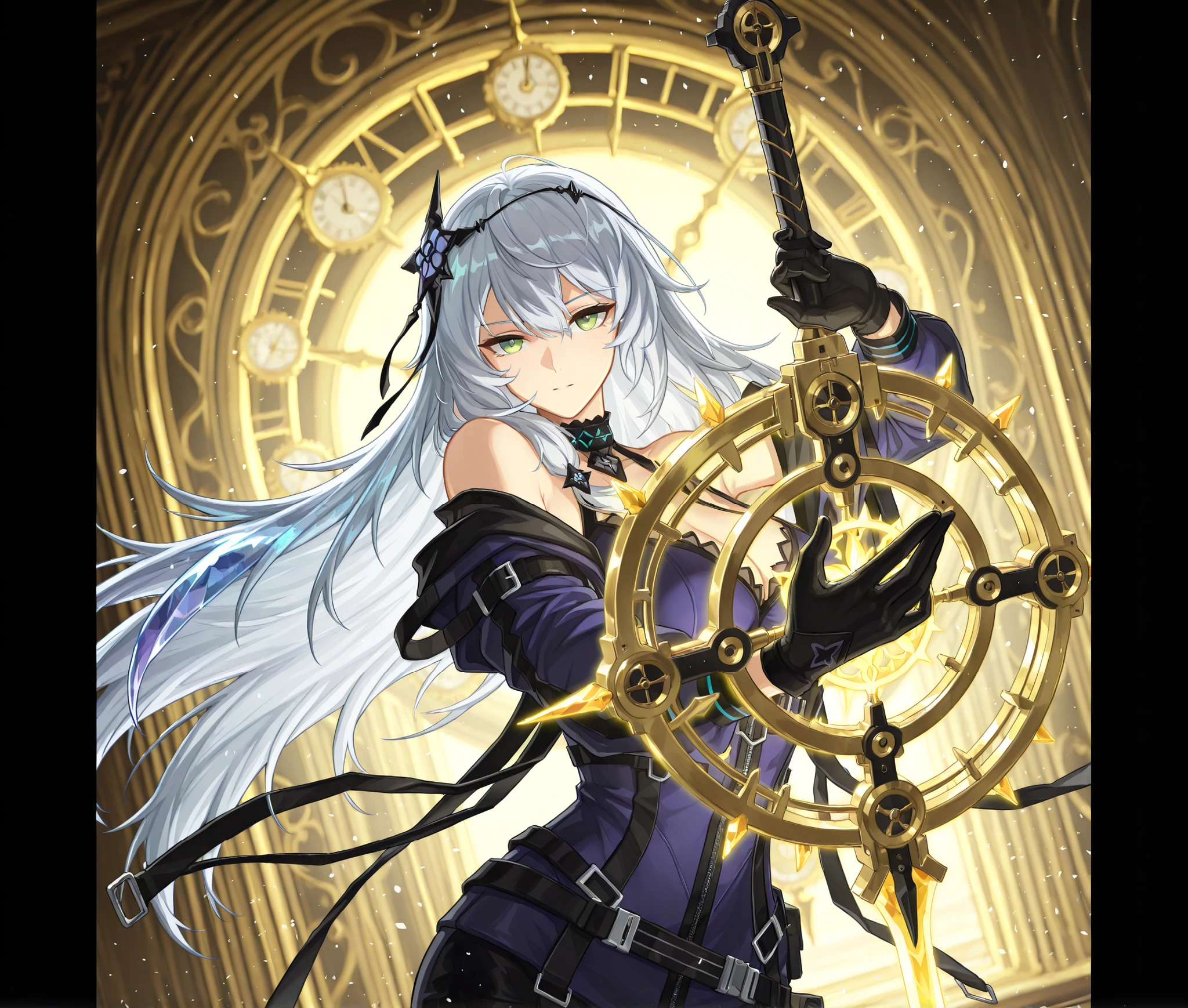 style of [arknights|(748cmstyle:0.88)], god rays, cinematic shot, masterpiece, best quality, amazing quality, very aesthetic, high resolution, ultra-detailed, absurdres, (hands:-0.45), (1girl, mature woman, , female:0.95), solo, alone,(dynamic pose, upper body focus, dutch angle, three quarter view, face focus, cowboy shot:1.2), (side shot:0.66), gaeun(counterside), off shoulder, green eyes, white hair, silver hair, (crystal hair:1.33), (Black Swan:0.22), gloves, heavy weapons, clockwork weapons, golden magic, novuschroma79 style, glitch art photo
BREAK, depth of field, volumetric lighting
 