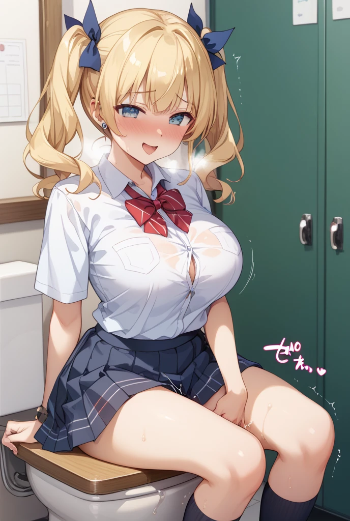 masterpiece,ultra detailed,sharp focus,smooth anime,high resolution,fringe hair,(blonde hair,tanned skin:1.5),curvy adult body,bow tie,school cardigan,huge breasts,baby face,(cleavage,nipple-baring:1.2),,dress shirt,navy pleated skirt),,peace sign,double peace,(thick lips:1.3),(tareme:1.3),earring,(having sex on bed,vaginal penis),,(pubic hair),bedroom,(at morning,sunny day,morning sun light from window:1.2),cowgirl position,(blushed and grinning:1.4),pubic hair,(wetty pussy:1.3),(sweaty),(creampie,cum in pussy:1.2),open mouth,excessive cum in pussy,(look at viewer:1.2),thick thighs,curvy adult body,close up,
