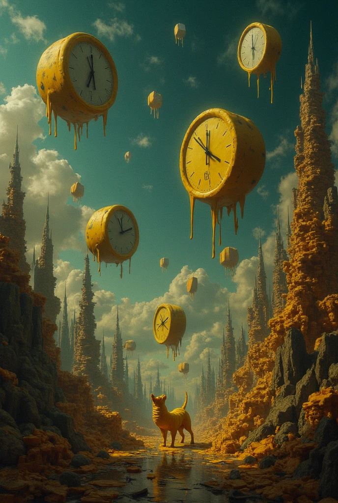 Surreal Scene, clocks melted like cheese, pigeons fly out of cloud closets, bat umbrellas and sewing machines, suns with faces spread flat on the ground, Surreal World, 