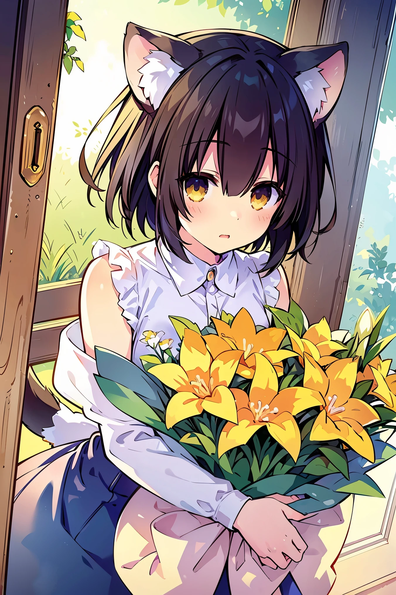 A cat has transformed into a human girl to return a favor. She stands at the front door, offering a bouquet of flowers. The girl has visible cat ears on her head, short brown hair, and wears denim overalls. The bouquet she holds contains various flowers, including green foxtail grass (Setaria, also known as "cat grass"). The scene is viewed from a slightly high angle, as if someone has just opened the door and is looking down at her. A warm, slightly magical atmosphere surrounds the scene. She looks up with a gentle, thankful expression.