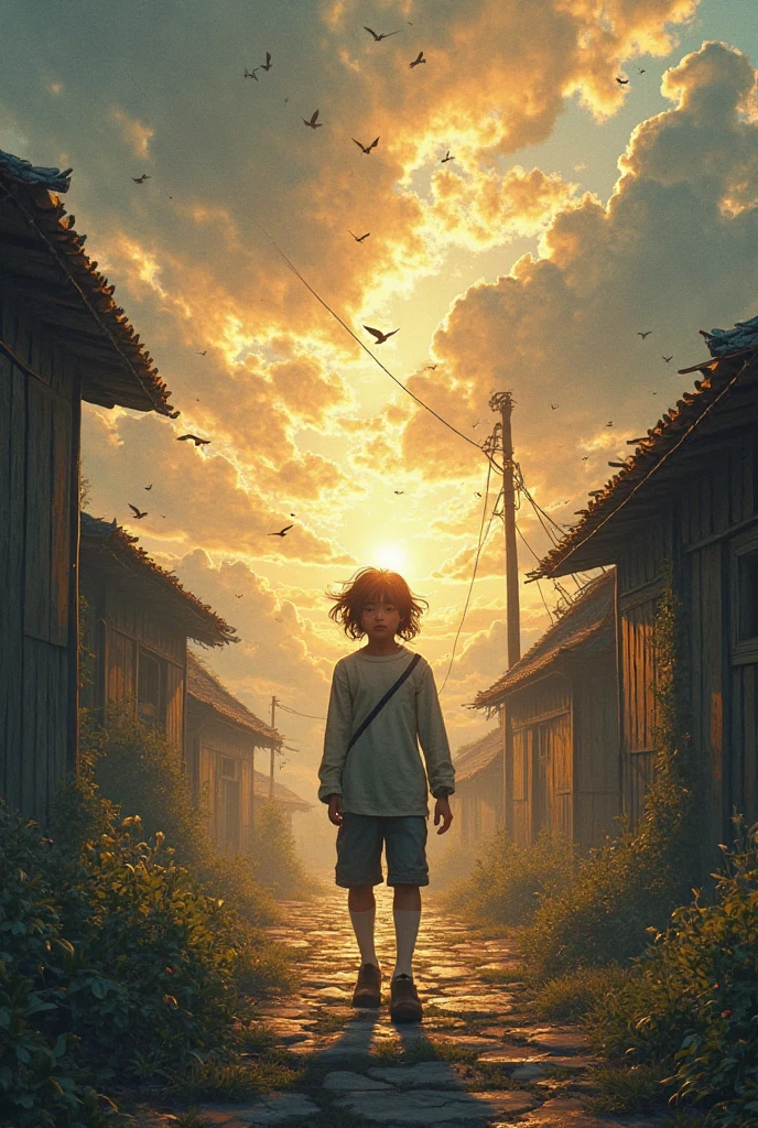 ---
**Prompt:**
"A realistic scene of a young boy standing on a red-tiled rooftop of an old, architecturally rich house, watching migratory birds in flight. The boy, filled with joy and wonder, gazes upwards as the sun sets in the background, casting a warm, golden hue over the scene. The old house's detailed architecture contrasts with the vibrant colors of the sunset, highlighting the red roof and the boy's silhouette. The birds are captured mid-flight, creating a sense of freedom and connection with nature."
---