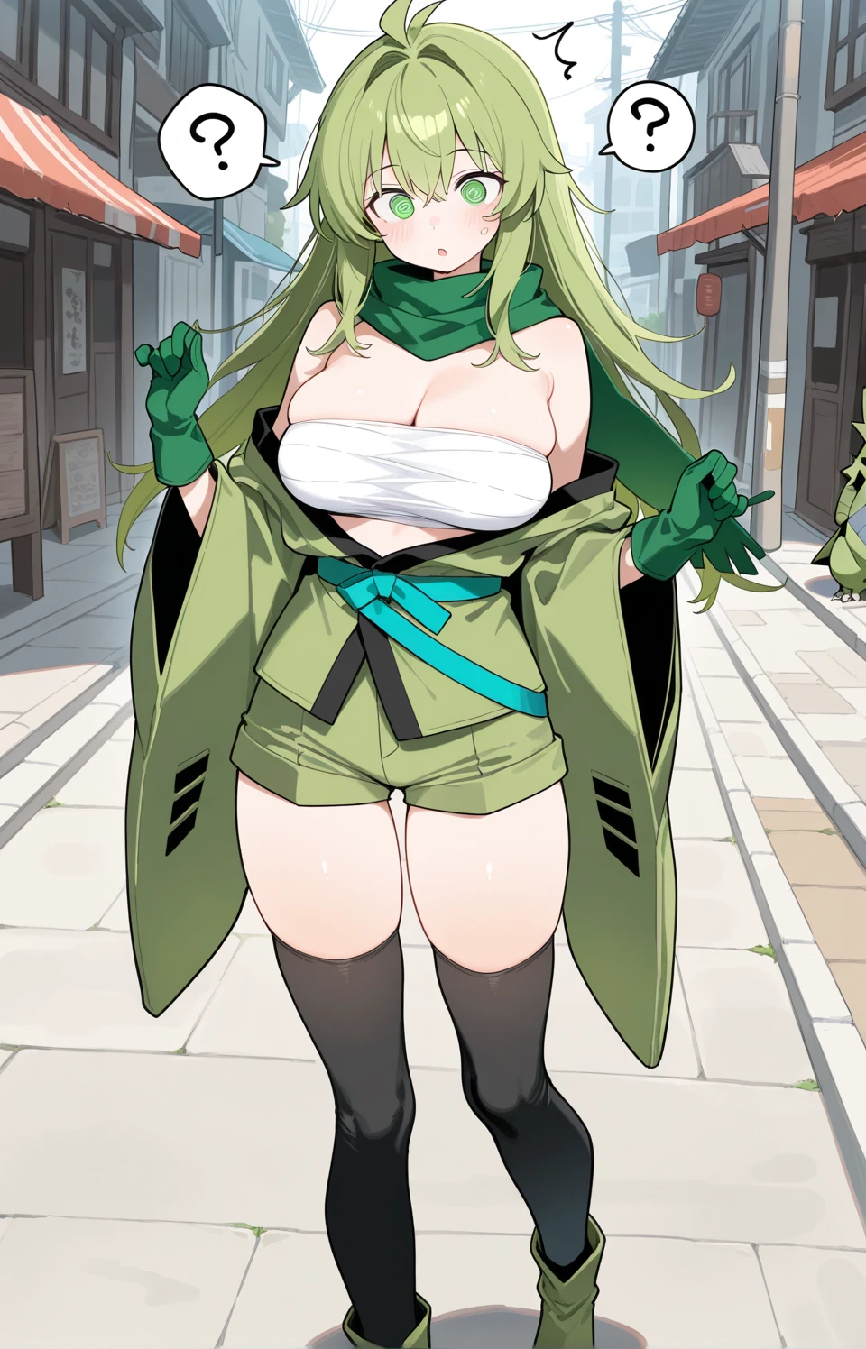 Nell odelschwanck green hair clothes torn under her breasts skirt, greenhair, yellow  eyes, bone helmet, perfectbody