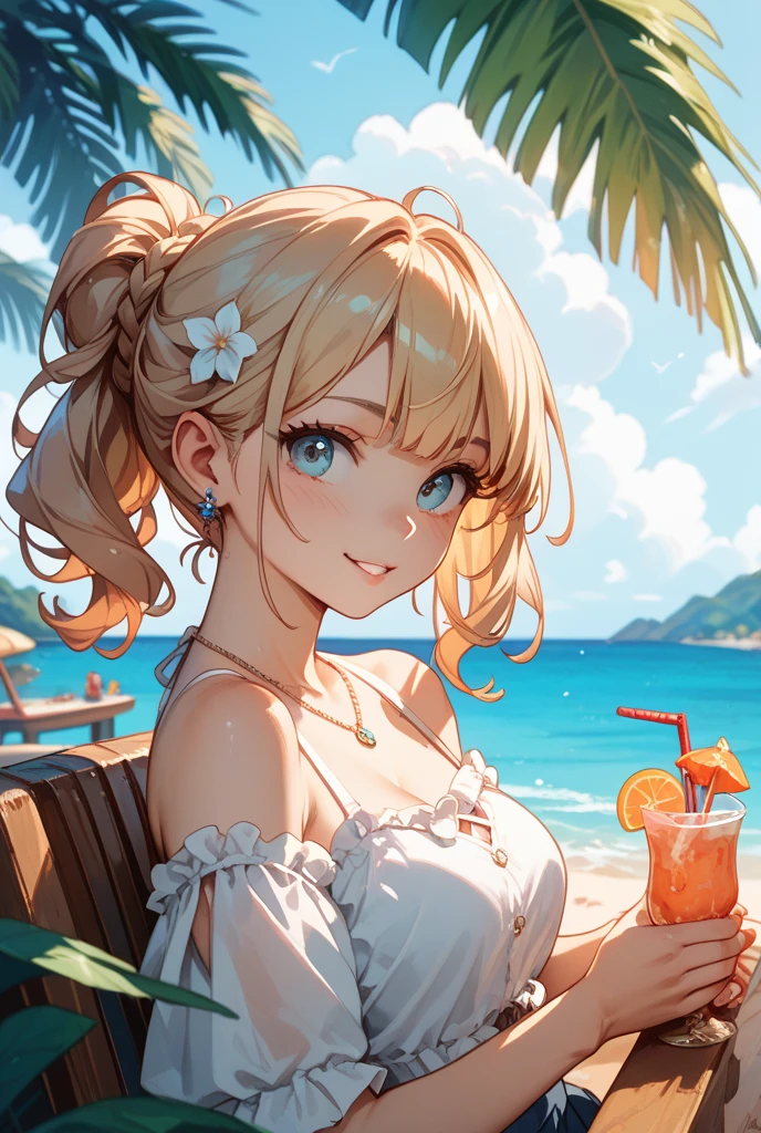 mature woman, medium breasts, ((pale blonde hair with bangs, long hair, wavy hair, low pigtails hairstyle, bright green eyes)), wearing aquamarine one piece vintage style swimsuit, white headband, innocent expression, winking, pink lips color, smiling happily at viewer, Surrealism, anime style, depth of field, 8k, super detail, high details, Cinematic lighting, close up face, hyper HD, Masterpiece, High details, detailed light, detailed shadow, detailed background, full body image, pose: sitting on a beach lounge chair, holding a cup of expresso, cute cup, background: beach, red and white pattern beach umbrellas, blue sky, vintage vibe, vintage filter