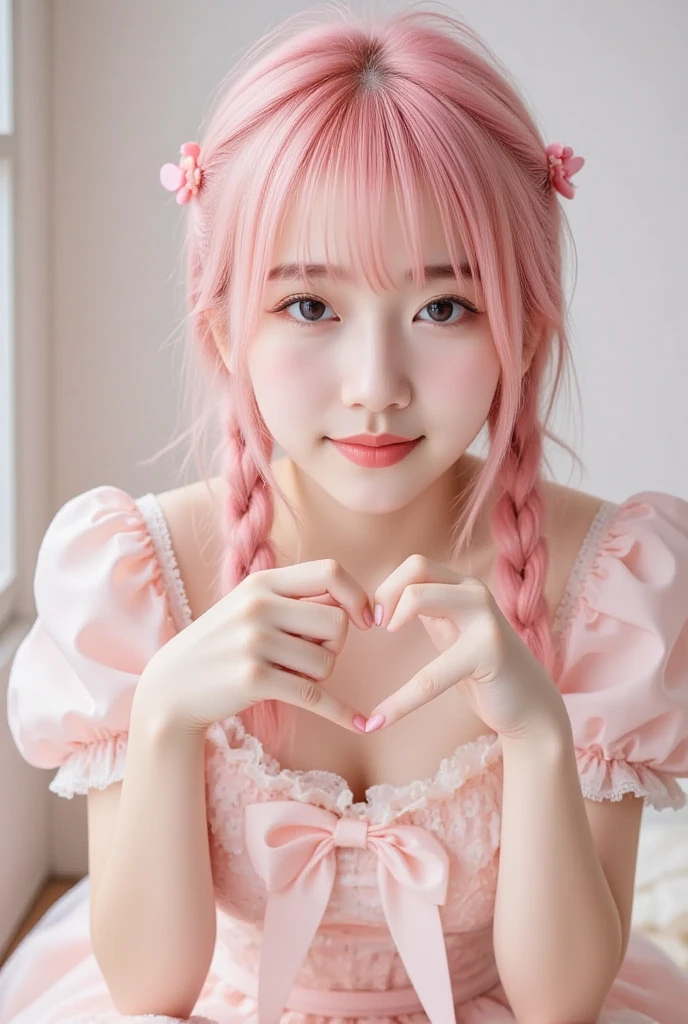 A cute girl who is an anthropomorphic pink Angora rabbit Drinking tapioca
