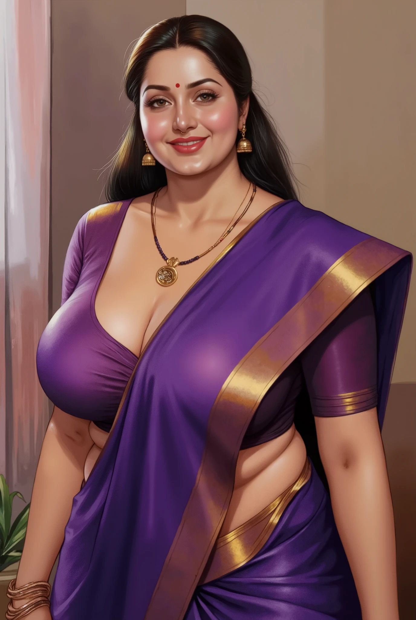 A captivating comic caricature of a busty, voluptuous busty woman standing in front of a blackboard in a classroom setting. The blackboard displays the words "Biology Class" in large, . The subject, a woman with long, dark, straight hair and medium skin tone, smiles directly at the camera. She wears a light purple saree with a matching blouse that has a deep neckline bulging out, she presses one boob, and accessorizes with large hoop earrings and matching purple bangles. and illustrated style. f