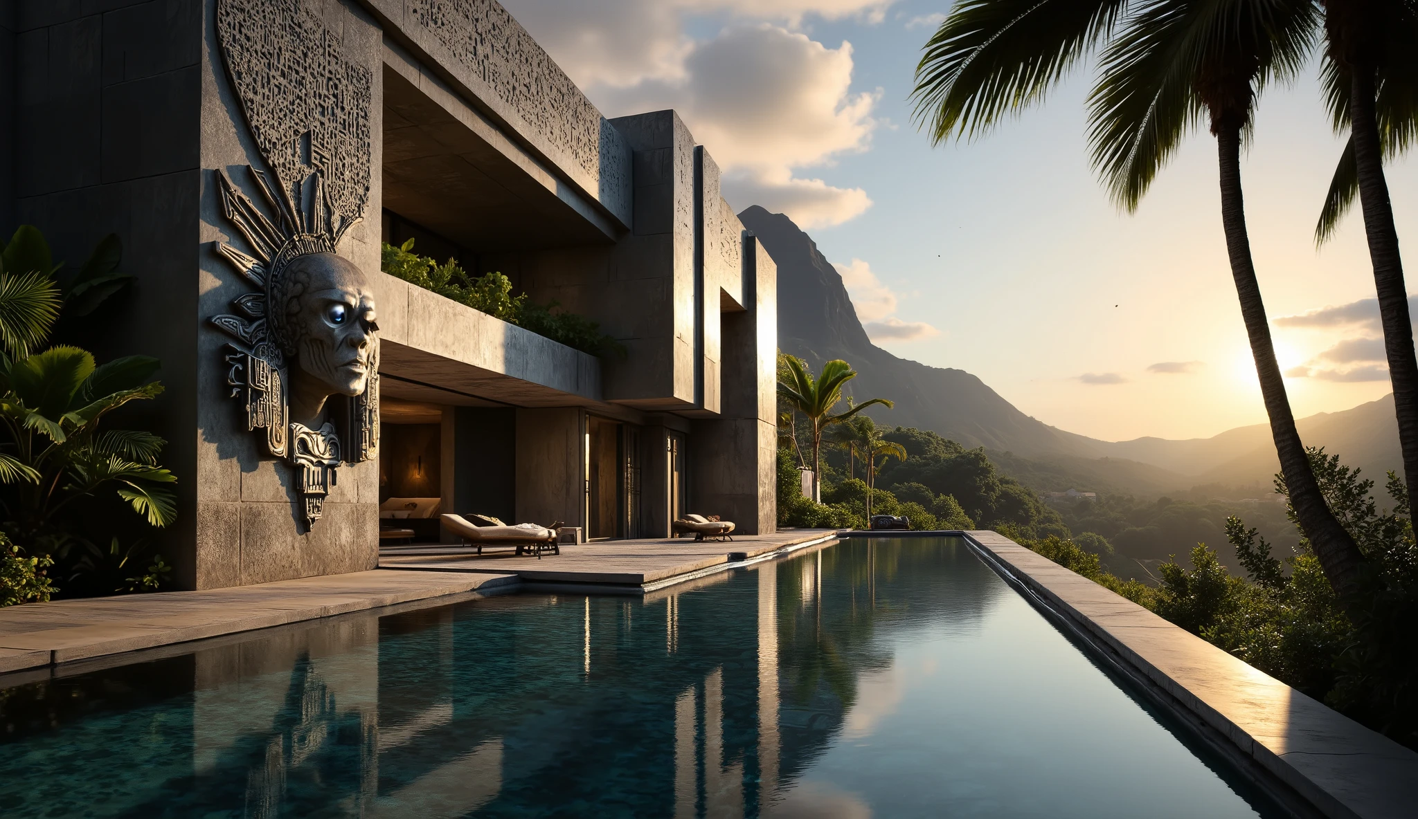 Detailed photograph of a brutalist interor luxury villa of brut4list design. in the foreground on the side of the image displaying a huge bas-relief of three TRIBALV1 mayan death goddess, skull mask, feather headdress, The light coming from the open bay open perspective on a long and wide swiming pool, surournded by a lush tropical garden, ferns, vines, giant orchids bioluminescent. The camera is focused on the backgournd perspective revealing a distant mountainous landscape, mexican desert,. Geometrical aztec inspired bas-relief adorns the wals . reflective surface on the ground, somber polished concrete. amazing perspective. dynamic lightning, studio photography golden hour, close up, amazing perspective, gods rays of light,