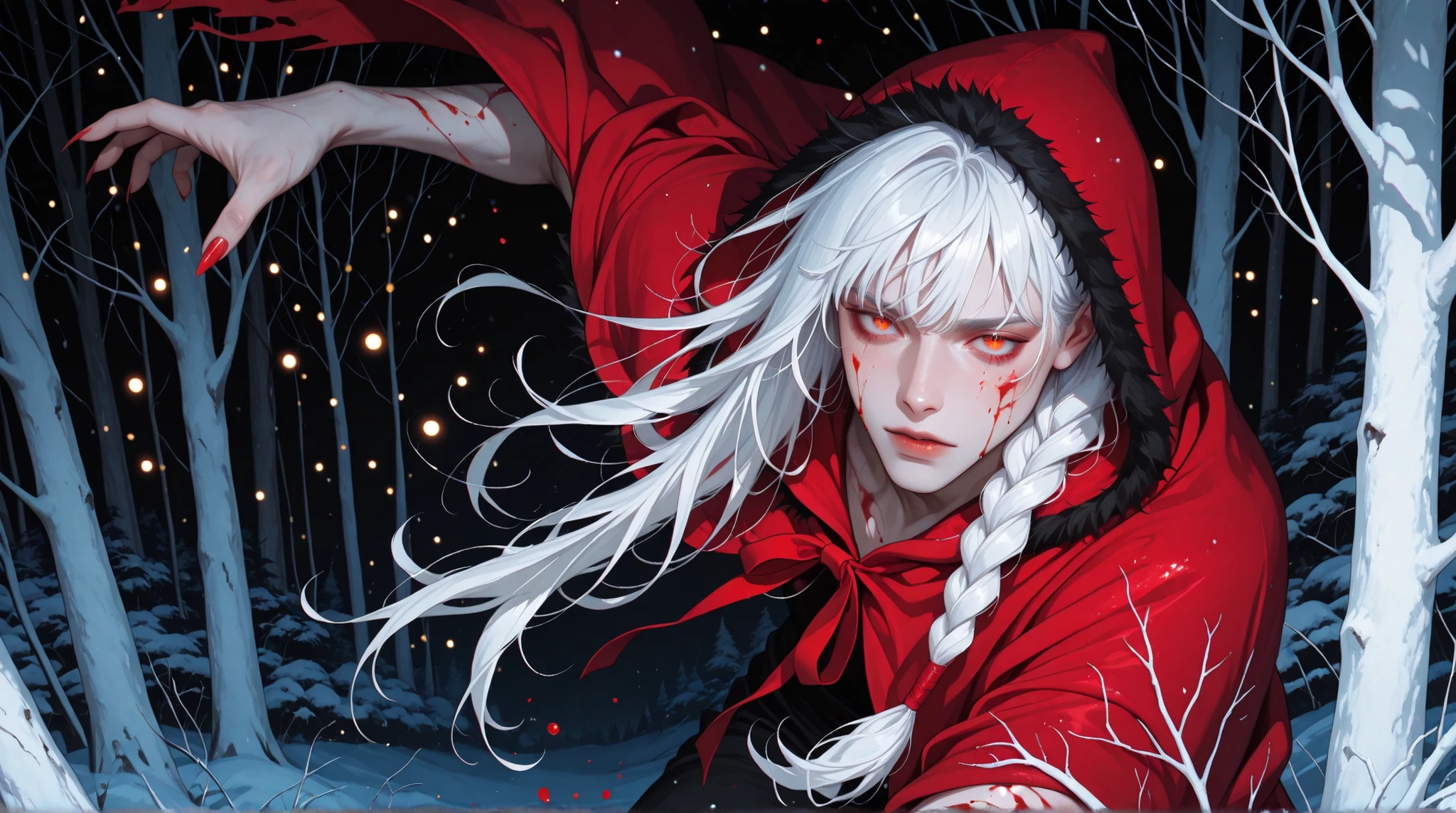 Solo, 1boy, adult male, choppy bangs, long hair, braided hair, white hair, asymmetrical_hair, voluminous hair, vibrant color, flat color, disheveled, red hooded cape, fur trim, white glow body mark, blood, long nails, blood splatter, blood on cheeks, wild, night, black background, forest, ((white trees)), bokeh, (masterpiece, best quality, absurdres, highres), very aesthetic, (((dynamic_pose))), digital art style, drawn aesthetic, digital art style, drawn aesthetic, concept painting, 
