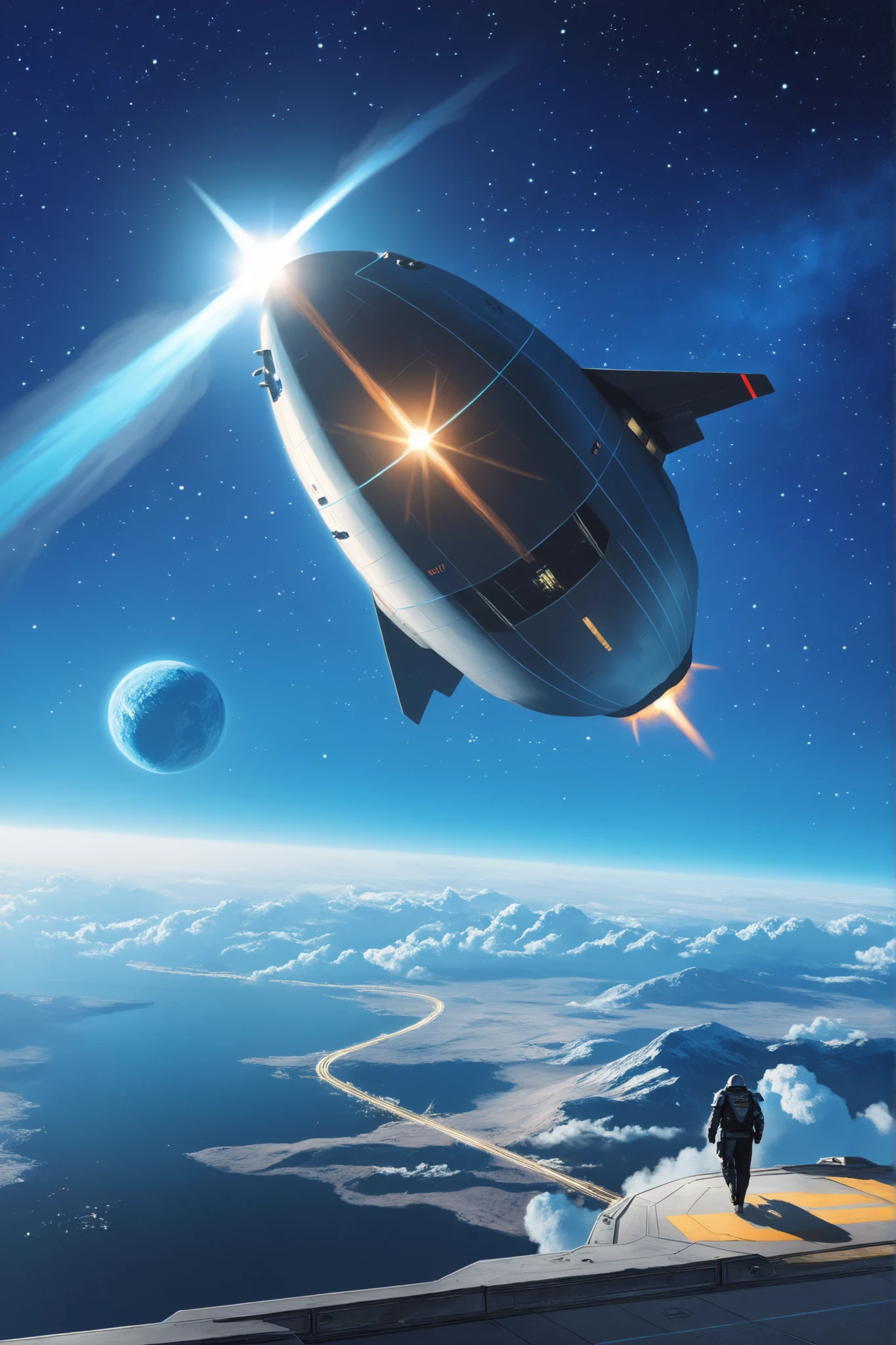 masterpiece , Highest Quality , Highly detailed , absolute resolution , high resolution , Highest Quality , 8k , John Harris and Sid Mead Wind - Space Station in Lunar Space , The Tau Sete interstellar ship arrives at Antares C2's New Marseille dock , Distant Giant Spaceship by John Berkey
