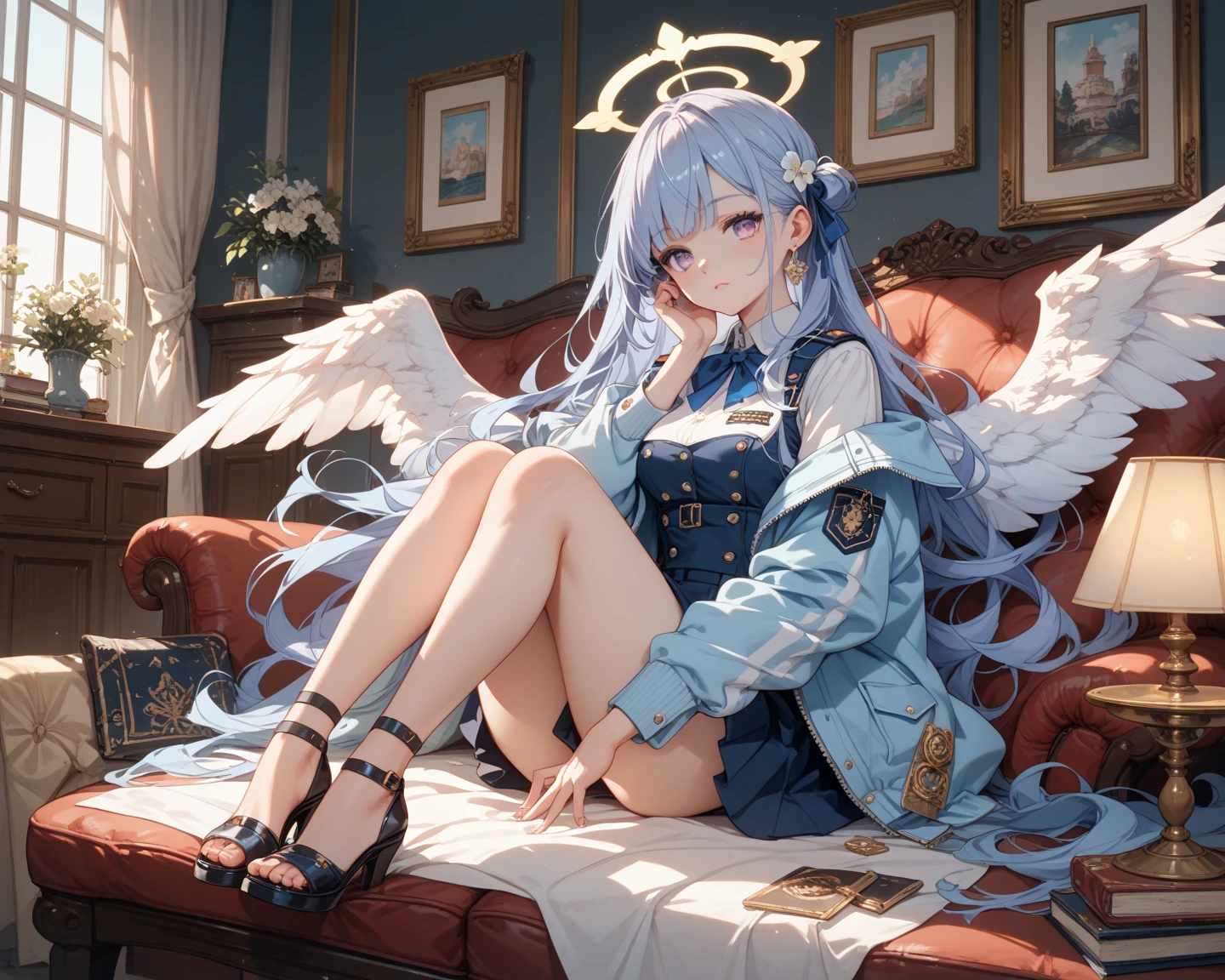 最high quality、best image quality、masterpiece、teenage girl((18-year-old、 By becoming、vest bust、medium bust,wide open breast tea、black eye, gray hair、long hair、thin,highest valley、Love of the Universe、Cosmic dress、sit、open your legs、Bad attitude、white underwear、smile)),high quality、beautiful art、background((glowing chair,Lunar surface、Mysterious space、dancing white wings、glowing laser))debris flies、Depth of written boundary、movie、visual art、perfect art、8K,genuine