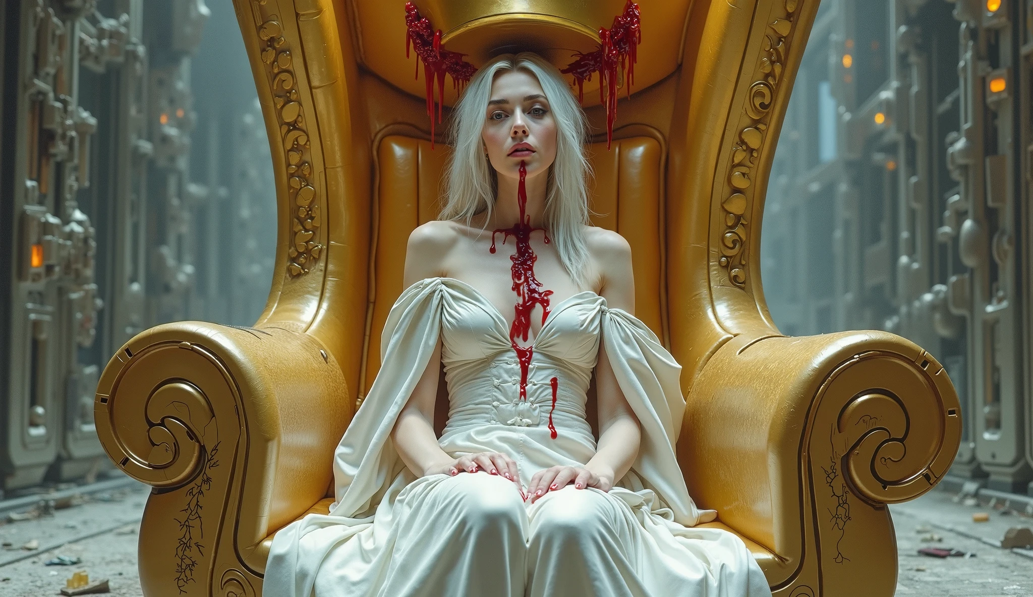 (((photorealistic:1.4))), ultra realistic, pores, (((masterpiece))),high quality, ultra details, realistic white skin beautiful face pretty korean idol girl showing very long sharp black shiny fingernails, random expression, model pose, very pretty, vein on hands, wearing sexy bloody outfit, ring on fingers, long yellow hair, long earrings, big necklace, sitting on the throne with high heels stepping on tired expression of realistic ugly old man tied up on the floor with throat ripped, show organs, get burned, no hands and legs, hose on the body, scratch mark, blood splatter everywhere, all army tragically die on the floor and wall with blood everywhere, side POV, neutral lights,