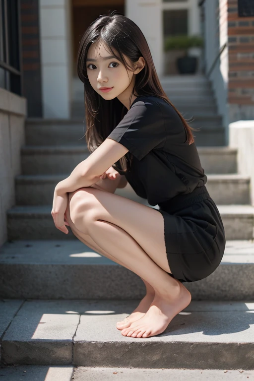 ((No clothes))、((Crouch)),Completely naked、Girl1people,Thick pubic hair,Small nipples、Slender body、Being thin、Long, slender legs、With legs apart,MCharacter splits、loafers,Young face、bangs,A small smile,Thighs,knees,Low ponytail with barrette,,school bag,From below,Front light,Cherry blossoms in the park
