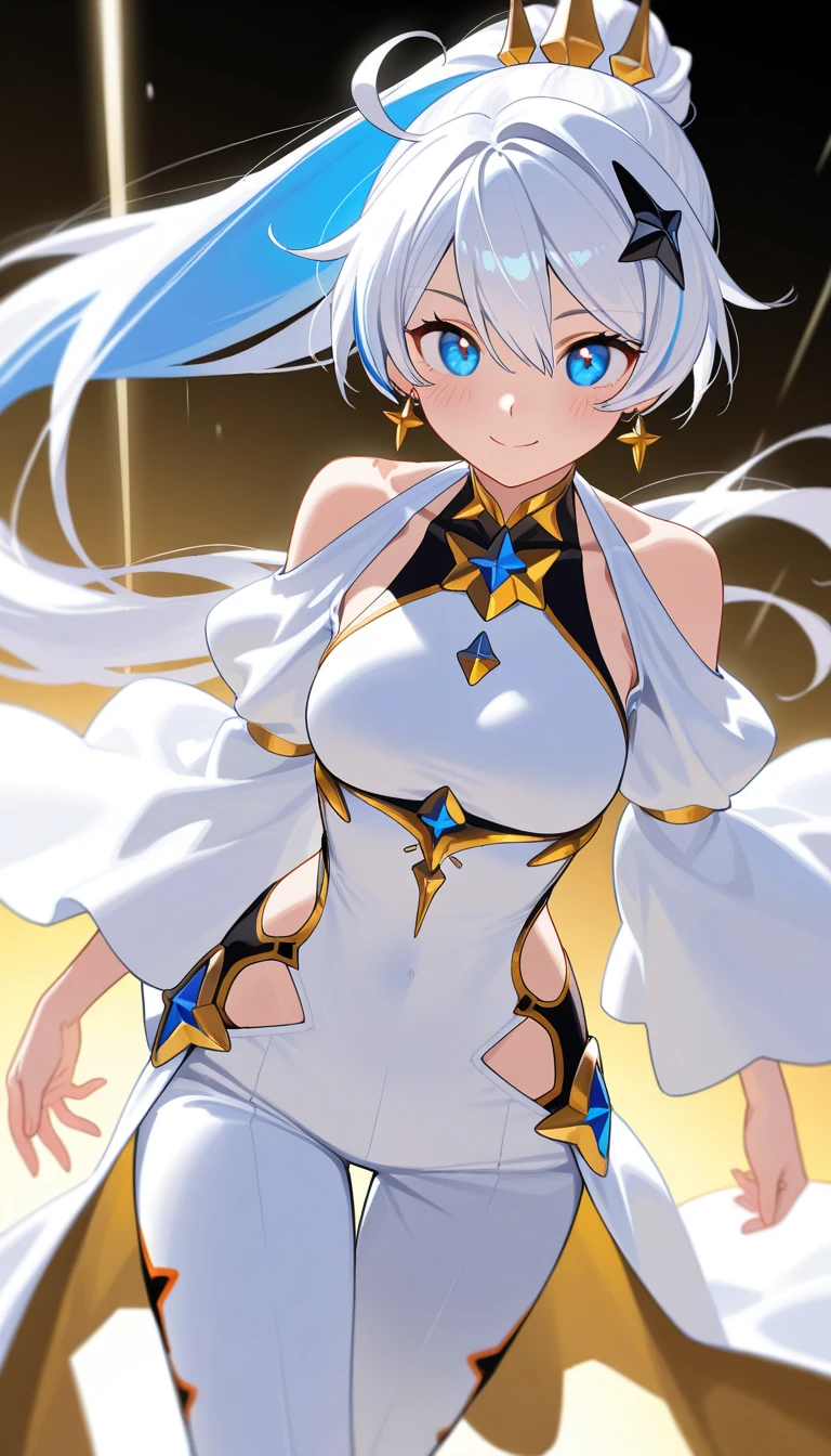 1Chica elegante, Strong physique, white tunic, white Arabian trousers, Blusa noble azul claro, botas blancas, Cabello azul claro desordenado, Look of satisfaction, pelo corto, Ojos de color azul oscuro, apariencia noble, sosteniendo una lanza de plata, Castillo antiguo, Entorno medieval.