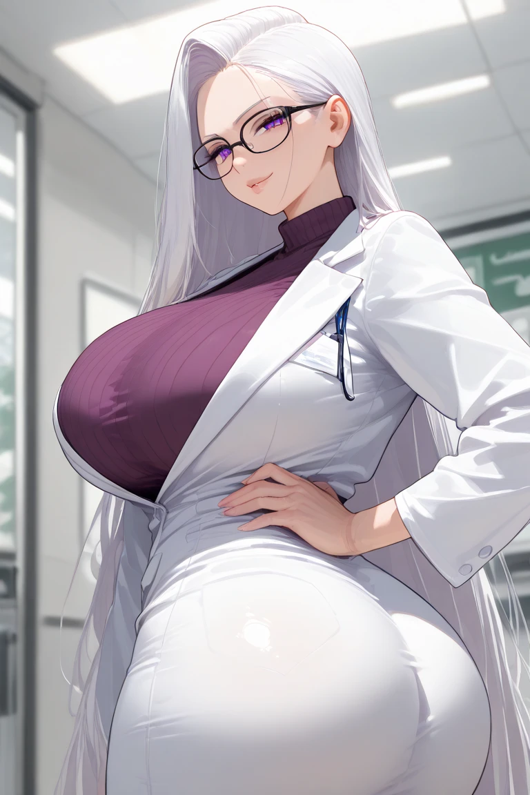 masterpiece , best quality , 1 sexy girl , (1 goose:1.2) , lab coat, doctor's white robe , (covered nipples:0.9) , (gigantic tits:1.2) , (thick arm:1.1) , thick thigh , gigantic hip , (white hair:1.1) , (plump:1.1) , surrounded by sci-fi machinery and monitor , (black glasses:1.1) , (evil smile:1.1) , (holding red crystal orb:1.2) ,