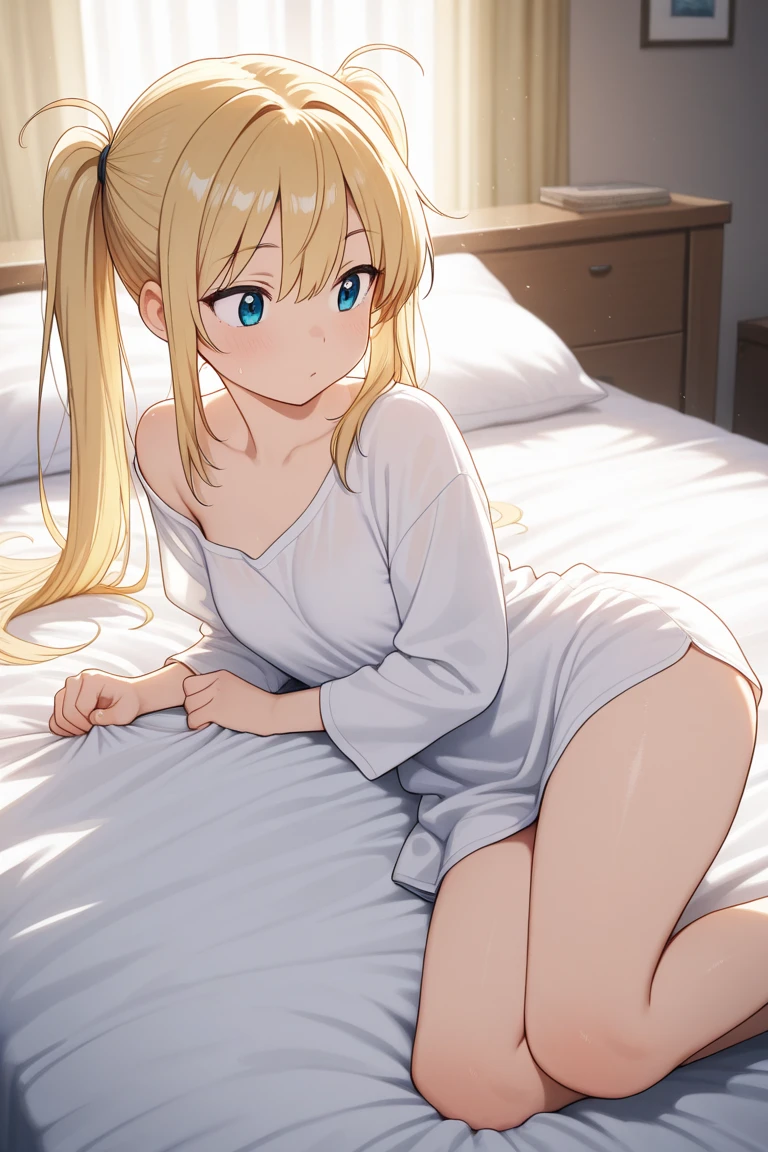 Tabletop, Highest quality, shape, Very detailed, In detail, High resolution, 8k wallpaper, Perfect dynamic composition, Beautiful attention to detail, ,Medium Hair、Natural color lips, Bold sexy pose,((One yellow-haired 20-year-old girl))、Small underwear、Big Breasts、Big Ass、Sitting on a chair eating soft serve ice cream、smile、cute、sexy shot looking at camera、Embarrassed expression