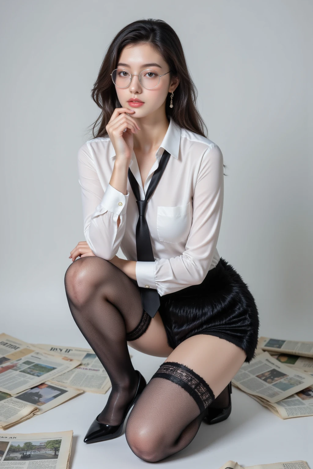 (Highest image quality:1.35), high quality, (8k:1.3), Realistic photos, (A beautiful woman:1.33), (Muscular body:1.2),(Depth of field/1.8), (looking at camera:1.35), Clear focus, (Muscular thighs:1.4), Original Photography, (Stroboscopic photography:1.5), Super Detail, High Detail, high quality, high resolution, (From head to knees:1.4), Masterpiece of art, exquisite work, high quality, and realistic details. In the center of the scene is a lady with wavy hair, a headband, square-framed glasses, filled eyebrows, blush, eyeshadow, heavy makeup, and red lips. She is dressed in a business suit with a thousand bird pattern, a white silk shirt, and wears black pleated shorts, tight stockings, black silky tights, and high heels. Her skin is fair and delicate, she sports a Rolex watch, pearl necklace, hand chain, and wedding ring. With her voluptuous thighs and slender body,spread legs.big breasts。sitting on the middle street