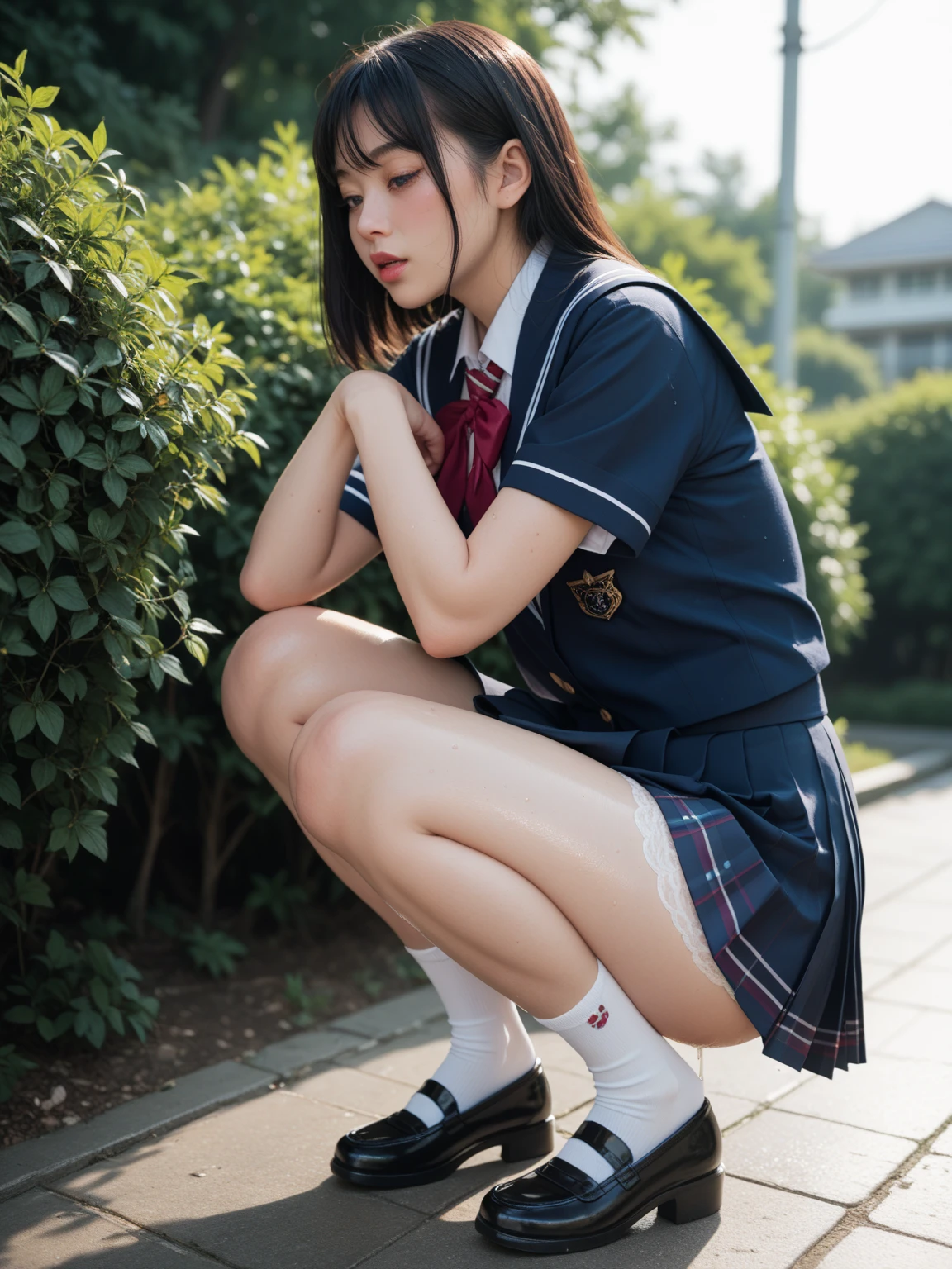 alone, solo, underwear, photo of 20 year old woman, fine, hard, cute, panties, Japan woman ((kpop idol)), small, flat breasts, round glasses, full body, anger, lace panties, sitting, panty shot, spread legs, skirt, uniform, red panties, socks, black hair, shirt, blur, blurred background, blue shirt, loafers, realistic, pretty little face, short hair pigtails, brown eyes, black socks, bow tie, pleated skirt, bow, headrest, sideways, outdoor, brown footwear, masterpiece, top quality, super detail,
