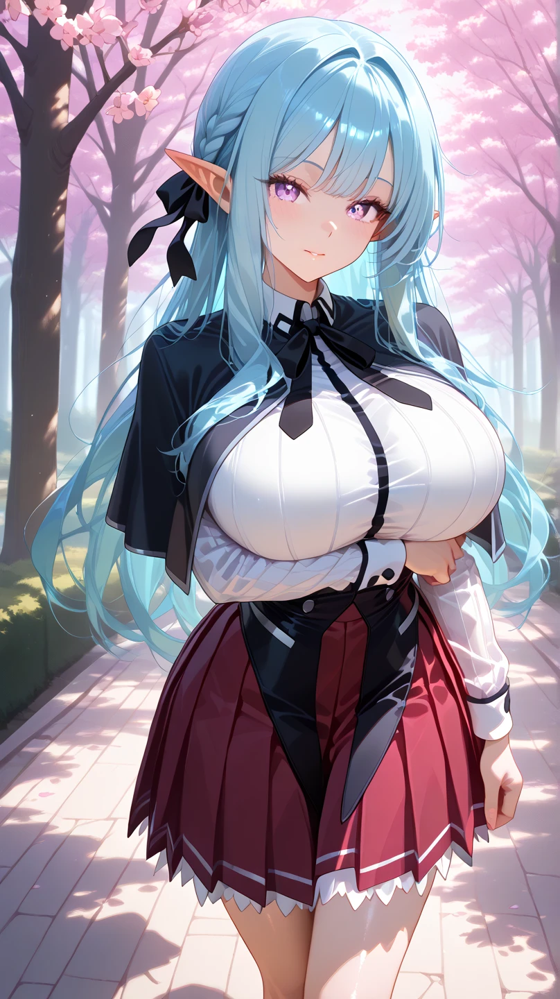 solo 1 thin (:1.1) standing, in forest, (straight back:1.1), (disproportionately gigantic perky breasts:1.3), (show off full cleavage:1.3), (frilled white shirts with open chest wide), shirts with cleavage cutout, BREAK, large eyes, rainbow glowing pupils, rainbow glowing iris, BREAK, (thin long legs:1.3), too thin waist, arms behind back, BREAK, (absurdly long white straight hair:1.3), blunt bangs, BREAK, (long black thighhighs:1.5), BREAK, (short black capelet:1.2), (short black high-waist skirt:1.2) cinches waist tight, BREAK, smile for viewer, (nose blush:1.1), open mouth, full body, landscape
