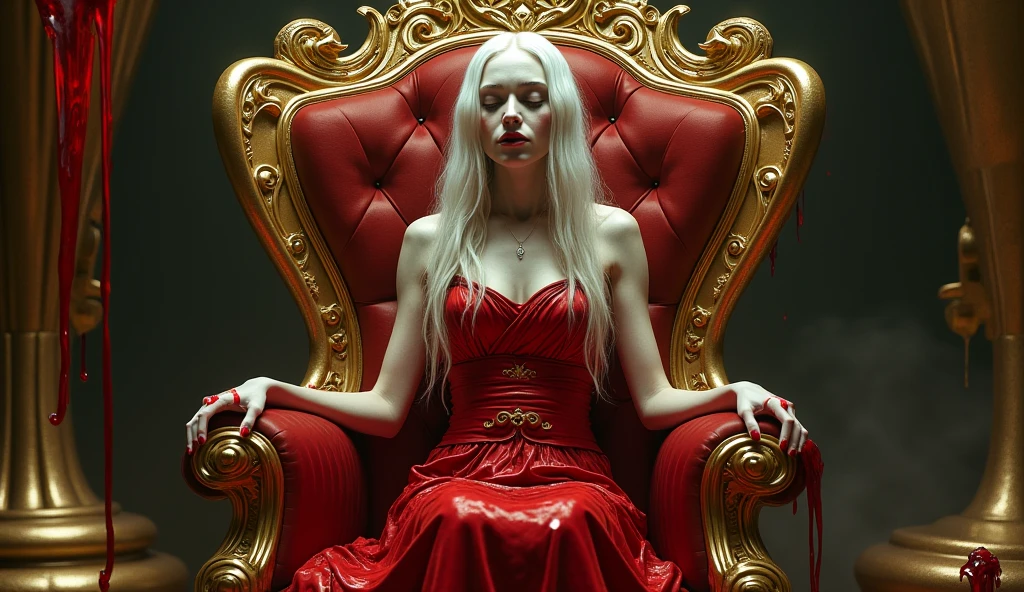woman, red outfit, red hat, red gloves, red boots, has long white hair, make-up, red thighhighs, scarlet cathedral, stained glass, murals, red eyes, wide hips, sitting, reclined pose, crossed legs, tall throne, serious, smile, (centered:1.2), front view