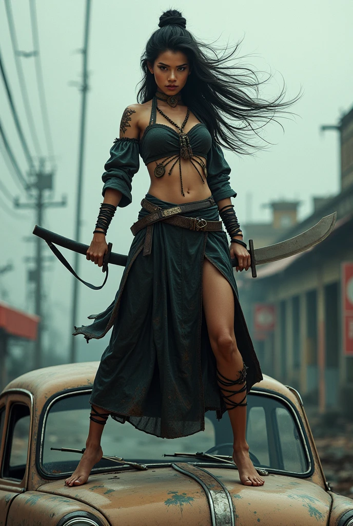 A beautiful girl, long black hair, dressed in a poncho on a naked body, wearing boots, bare legs, bare shoulders, against the background of a dirty metal wall, a post-apocalyptic plot