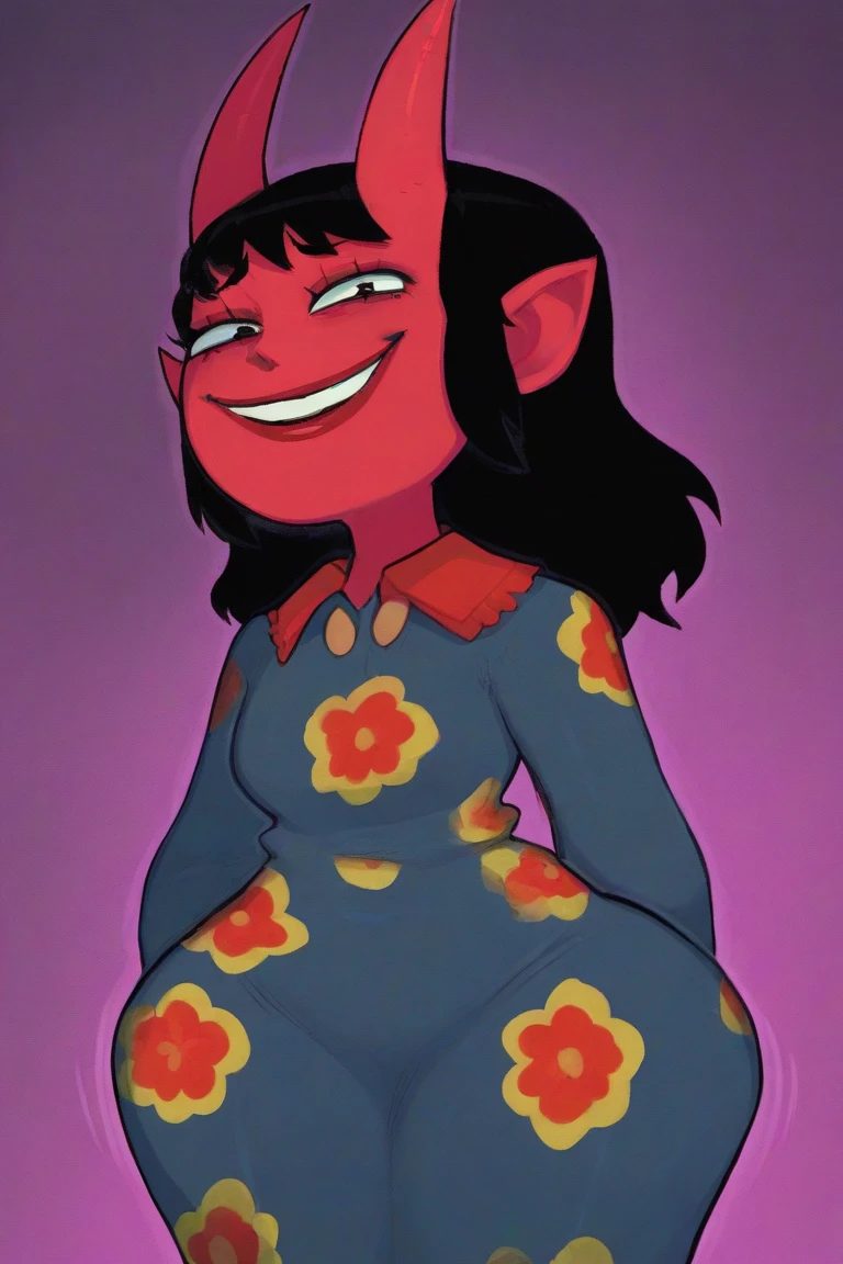 Ralph Bakshi Style, Curvy blue eyed girl with long wavy black hair and small breasts, (evil_smile):3.0, (flaccid penis)