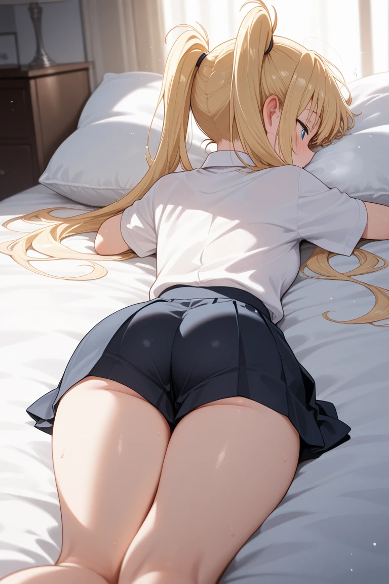 ((Perfect Anatomy:1.2,Realistic:1.3,RAW Photos:1.3,masterpiece、highest quality、Ultra - High resolution、High resolution、Highly detailed CG、8k)),Cowboy Shot. 1 female,alone,On all fours,Young Woman,high school girl,beautiful girl,blonde,Long Hair,Small Head:1.3,thin,(Provocative smile),((Dark brown skin:1.5)),(Oily skin,Glowing Skin,Shiny skin),(school uniform、Dark blue blazer jacket、black pleated mini skirt),(Show viewers white panties),Beautiful ass,((Big Ass:1.4)),Exposed thighs,Beautiful thighs,75 degree angle from bottom. Black bed,Black futon,(night),Dark Room,Tokyo night view from the window.