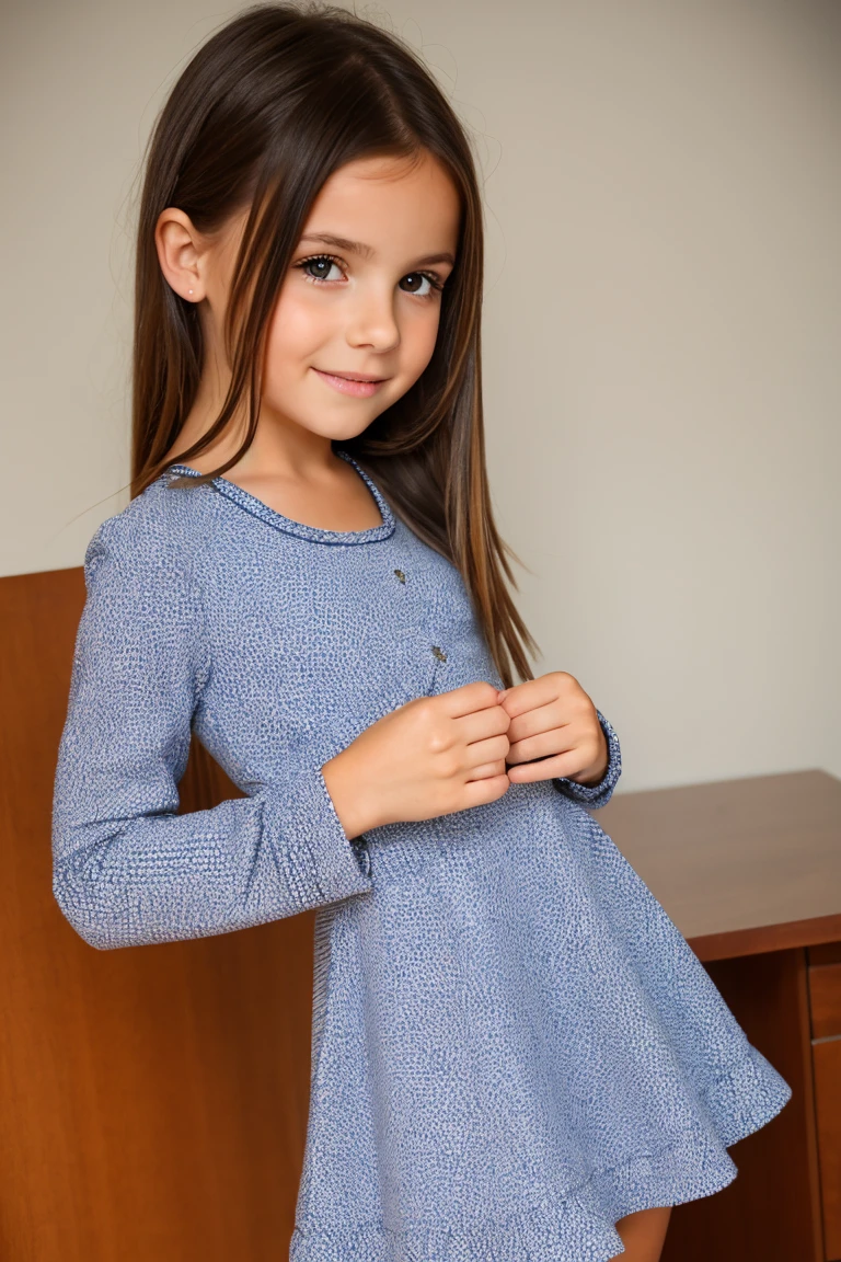 7 year old girl, brown hair, straigh hair, wearing a cute blue dress, in a livingroom