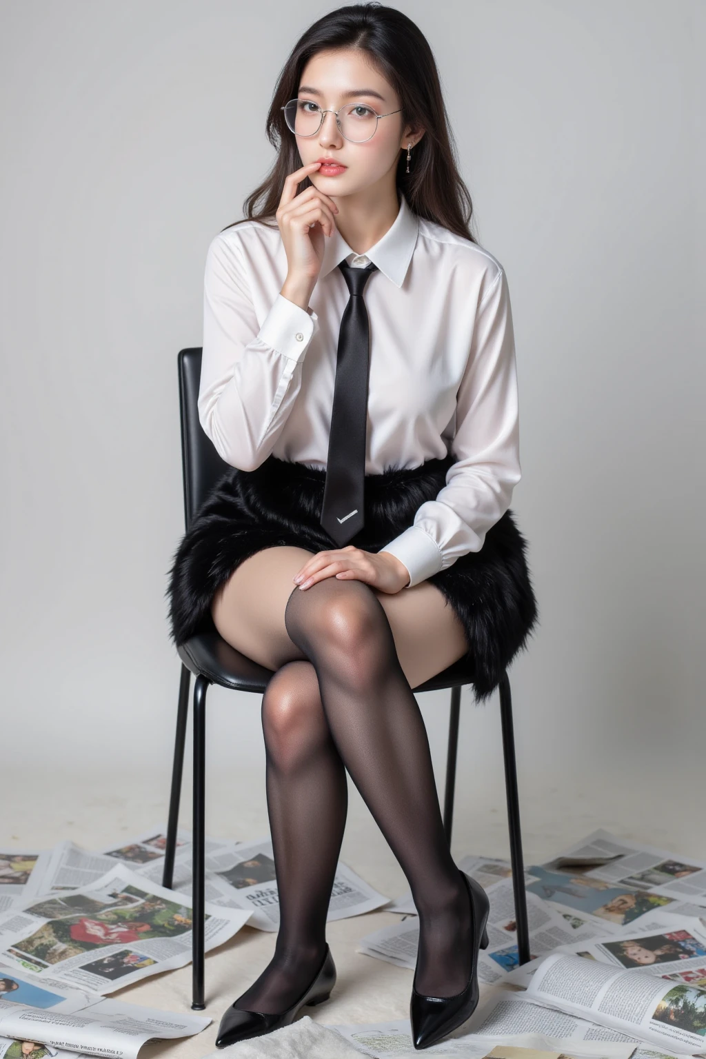 Chinese, office lady, black jacket, white shirt, black short skirt, black pantyhose, black high heels, lying on the couch, dead, eyes closed