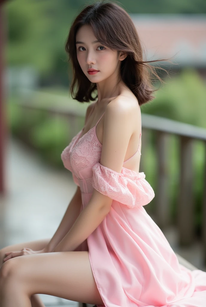 realistic photos of (1 cute Korean star) hair intakes, white skin, thin makeup, 32 inch breasts size, wearing pink dress, standing on stone bridge, river is backdrop, sunset light, close-up, 16k