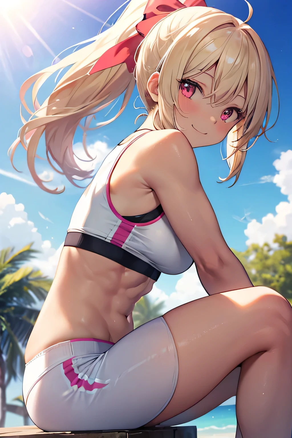 (((1 lolita girl))), when he plows, (Red eyes: 1.5), blond hair, (blond hair: 1.1), by the wide, conical bun, hair ornament, hair shots, He drowned, Stripe, blue bow tie, (tight red workout top and shorts, ((red tight top and shorts)), white thighs, white thigh highs), has, (muscular belly), well muscled abs, Wide hips, Thin waist, small breasts, (((sentada making a peace sign with both hands happy))), wearing black heels, (((making a peace sign with both hands))), {{sitting spreading her legs showing her pussy squeezed by the shorts}}, ((showing tight pussy by short)), {{{Full body photo}}}, smile, happy, with eyes closed, smiling at viewer with open mouth, REST looking at the viewer , breaking and entering, sitting on a bench in a gym, {sitting on a bench in the gym}, interval (masterpiece: 1.2), Best Quality, highest resolution, unity wallpaper 8k, (illustration: 0.8), (beautiful detailed eyes: 1.6), extremely detailed face, perfect lighting, Extremely detailed CG, (perfect anatomy), {anatomically correct}, {{perfect hands, (correct hands)}.