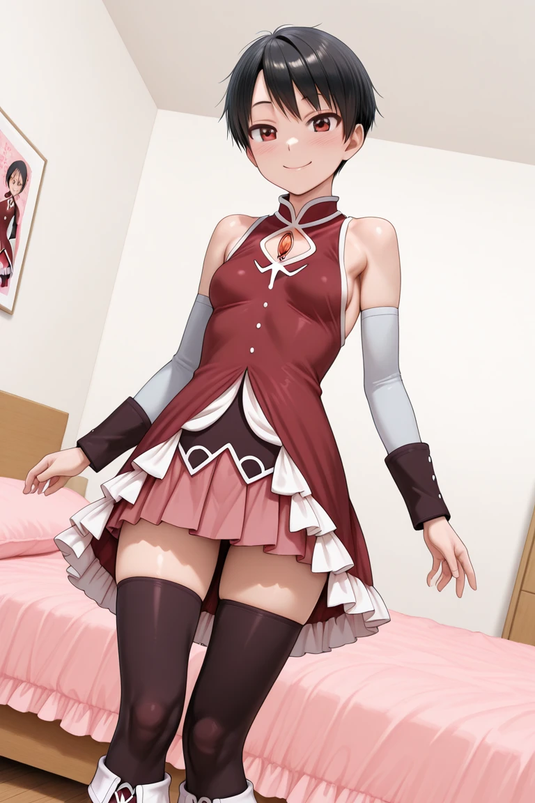,12yo,(petite), 1girl, looking at viewer, , hazuki katou,,,, ,my room,,blush,(spoken heart),,small breasts,(evil smile,grin),(((magical girl costume))),miniskirt,thighhighs,,long sleeves,,nsfw