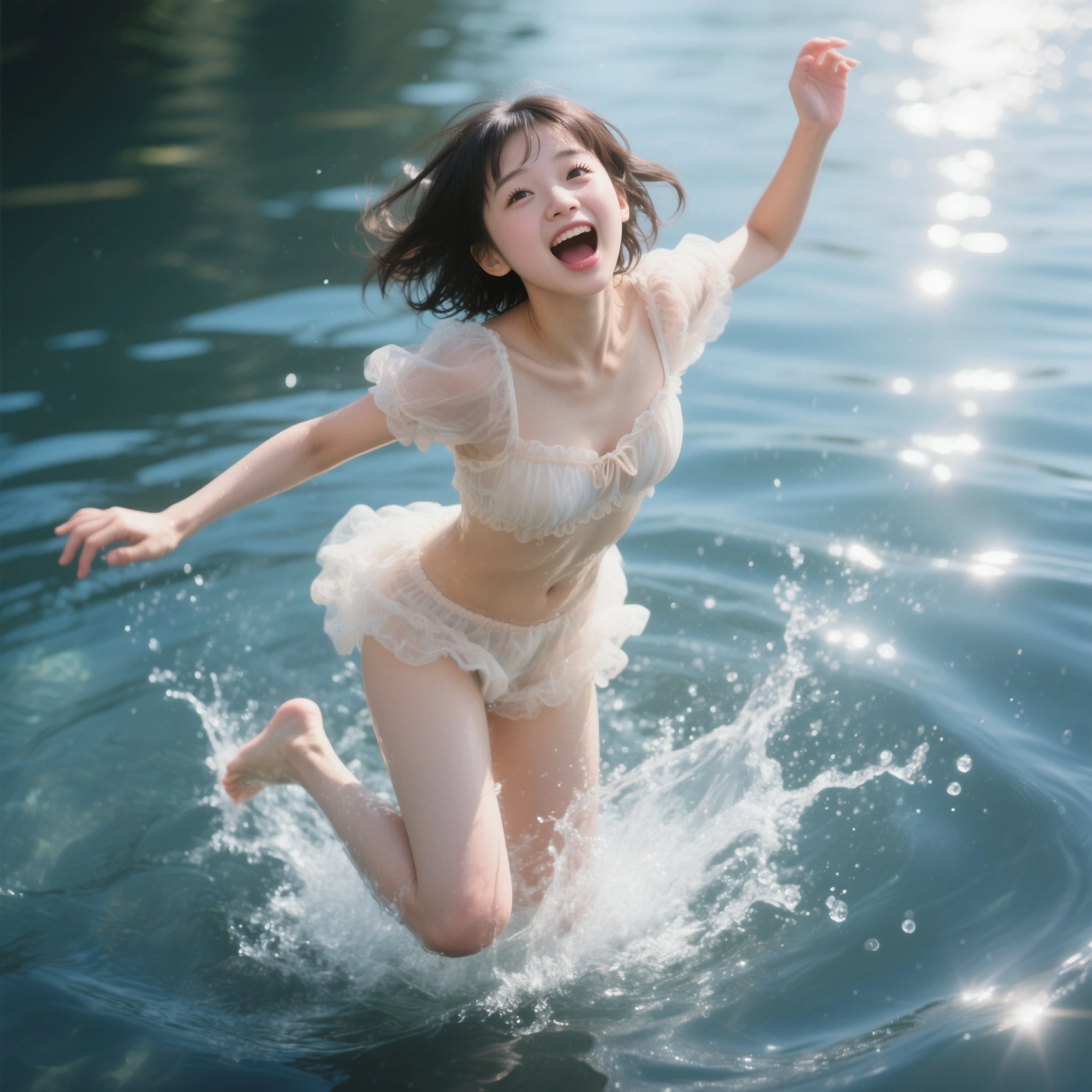(8K TopQuality masterpiece: 1.2)(Realistic ProfessionalPhoto:1.37), VolumetricLighting. Tiny Girls, girl jumping into the water、Falling、splash water、shout、Luminous water surface、White and Bright colors, back lighting, Radiant PearlSkin, sparkling highlights, Detailed KAWAII face with cute lips, long eyelashes, Delicate clothes, {motion blurred hand|(Corrected BabyLike Hand)}