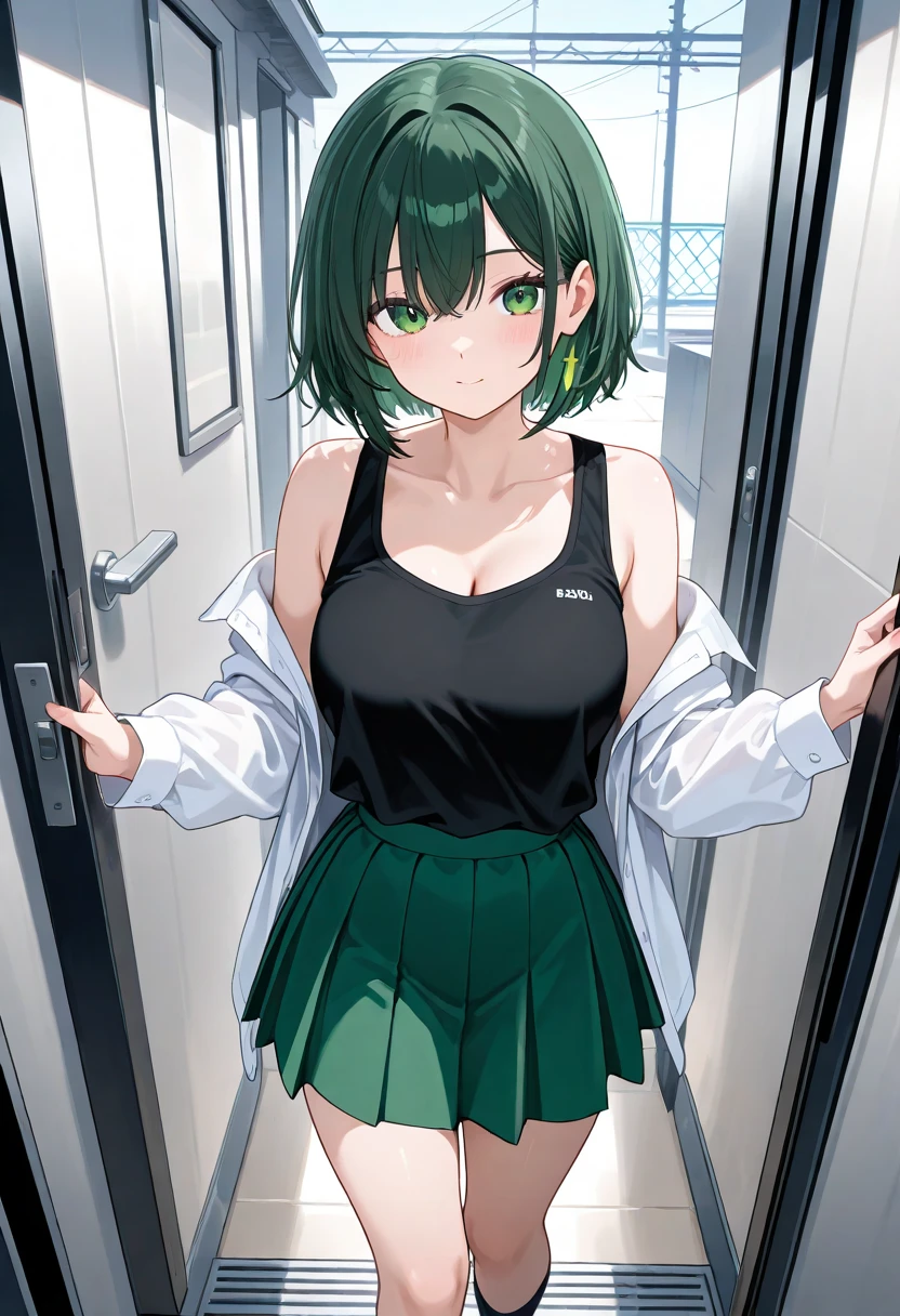(((one woman,long hair,ponytail,bangs,slender face,sharp eyes,green eyes,detailed eyes,small breast,white blouse,navy jeans,flushed cheek))),masterpiece,extremely high quality,extremely fine and beautiful,hyper detail,dynamic resolution,sharp focus,anime style,watching the viewer,on the train,from above