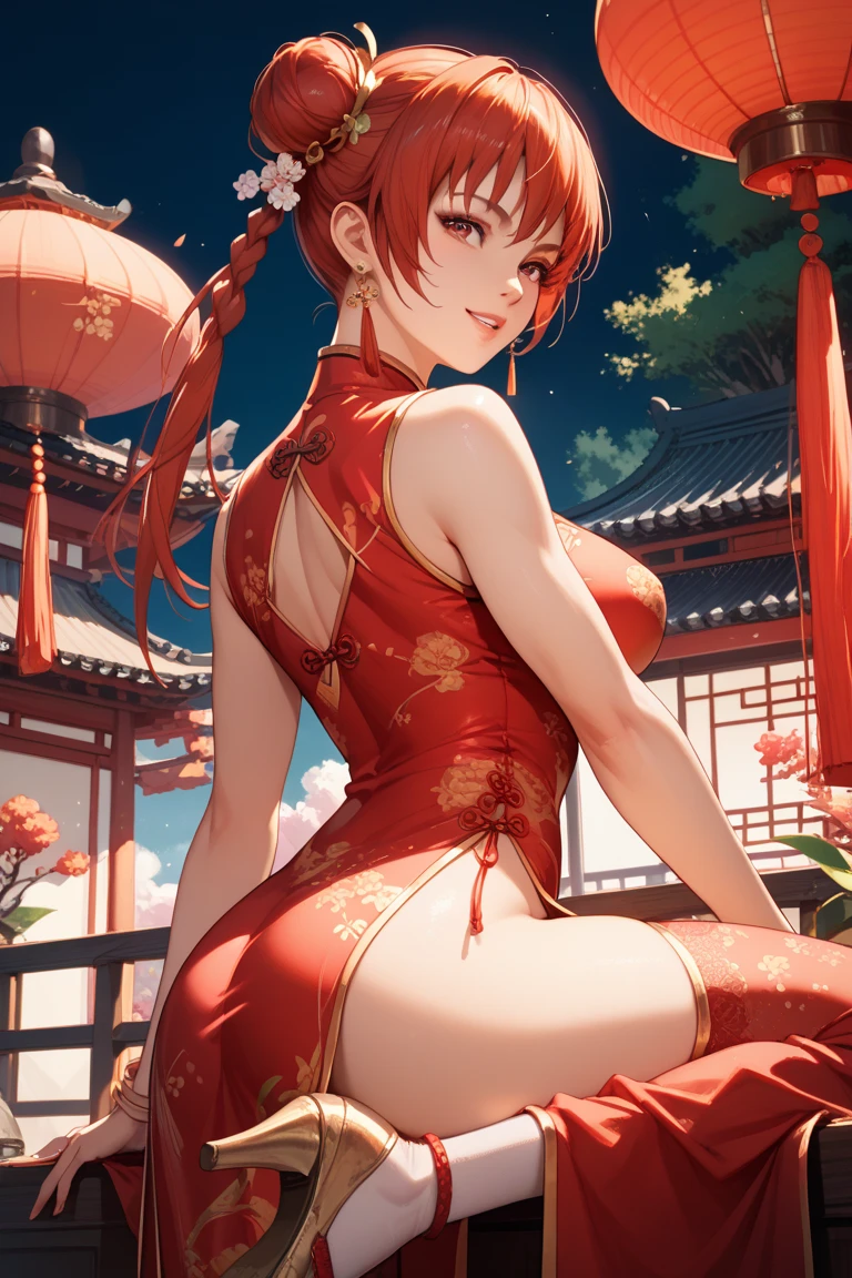 vibrant colors, vivid coloration, masterpiece, best quality, sharp focus, intricate, depth of field, volumetric lighting, 12k hdr, ray tracing, extremely detailed, aesthetic, creative, one woman, medium ginger air, emerald eyes, medium breasts, closed mouth, short red cheongsam with gold embroidery, white transparent stockings, outdoors, eastern city alley, day, sunny, <lora:add-detail-xl:1>, <lora:add-detail-xl:1.5>, faetastic solo, <lora:SDXLFaeTastic2400:0.7>