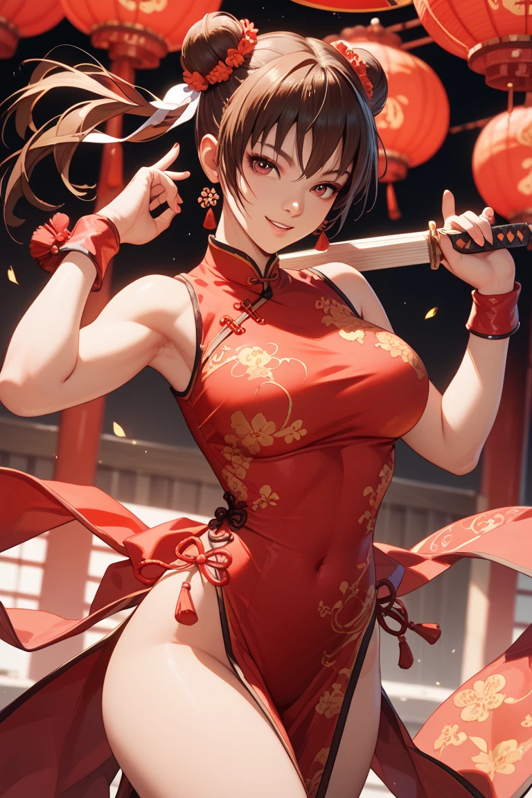 woman portrait ,20 years,Chinese,Upper body with lower body,Chinese clothes,shanghai street,cinematic lighting,fighting pose,Bikini figure