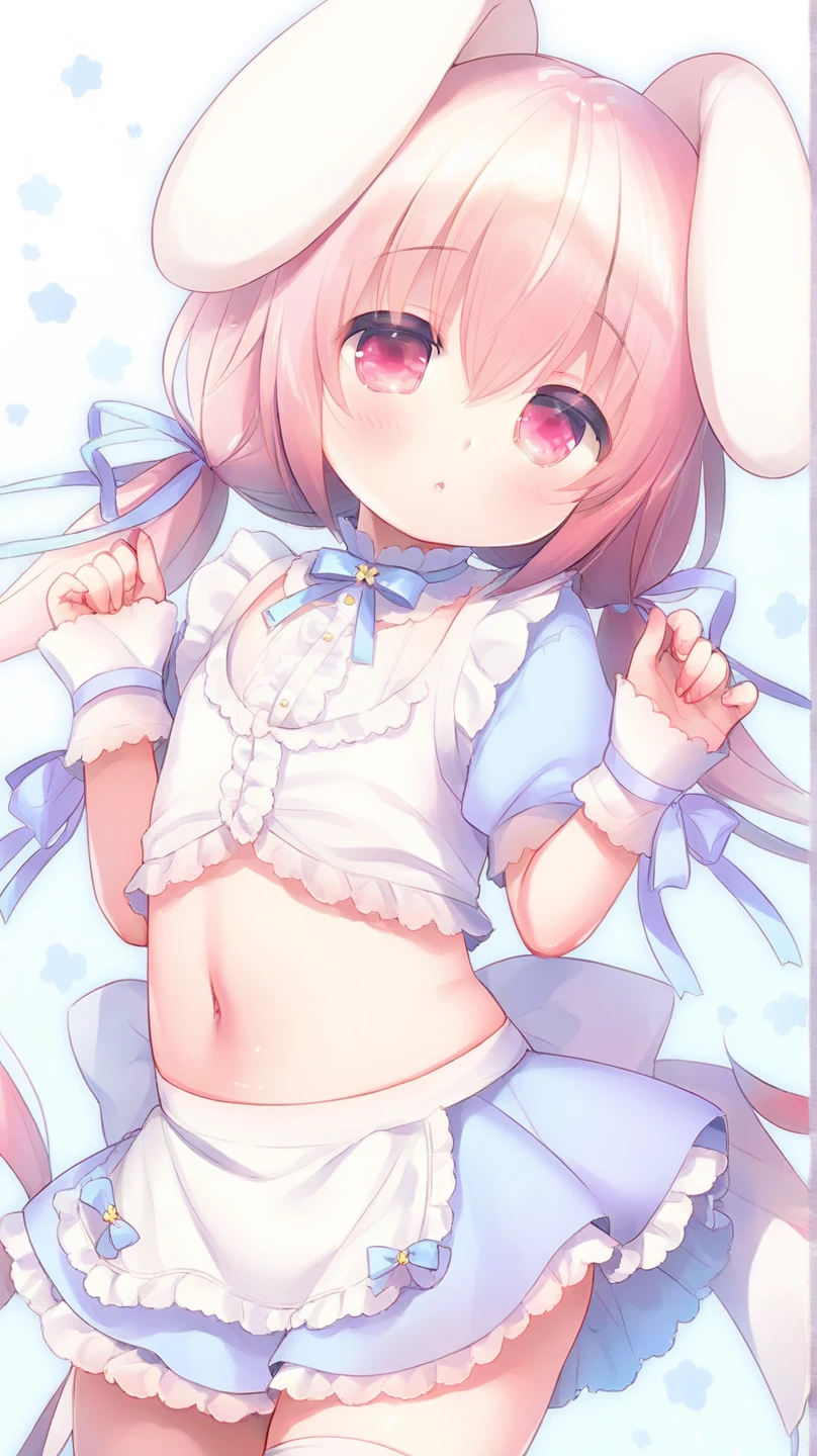 Cute girl with doll body, body is made of metal, short and pink haired, with green bunny ribbon on her head, no clothes and showing her boobs and pussy, she's in a bathroom, raped and covered in cum