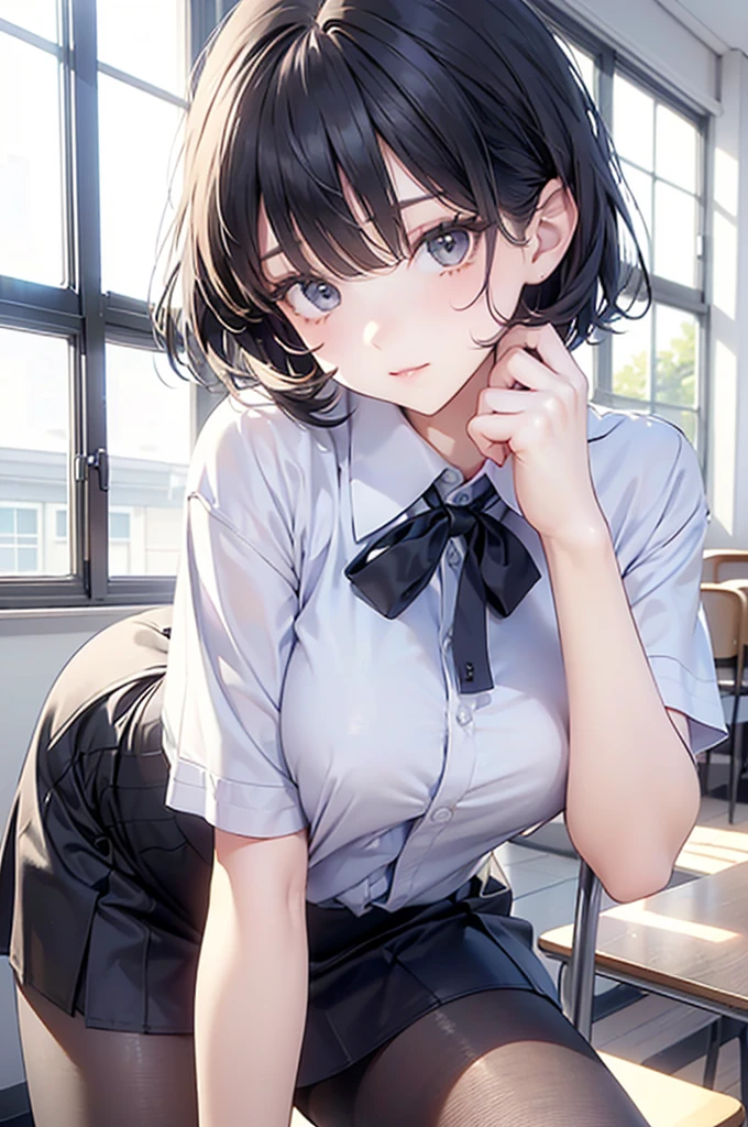 Beautiful woman, (Perfect Anatomy), Slender、(OL、White short sleeve shirt、vest、bow tie, detailed side tie panty), (Look down), (Pussy juice:1.1)、(Hug your chest)、20-year-old、(highest quality)、Black Hair, short hair、 Messy Hair、bedroom、Sitting on the bed、(Cutting seat:1.1), (8k, High resolution)、(Embarrassing:1.4)、(blush:1.1), medium breast, (steam:1.1), embarrassed,