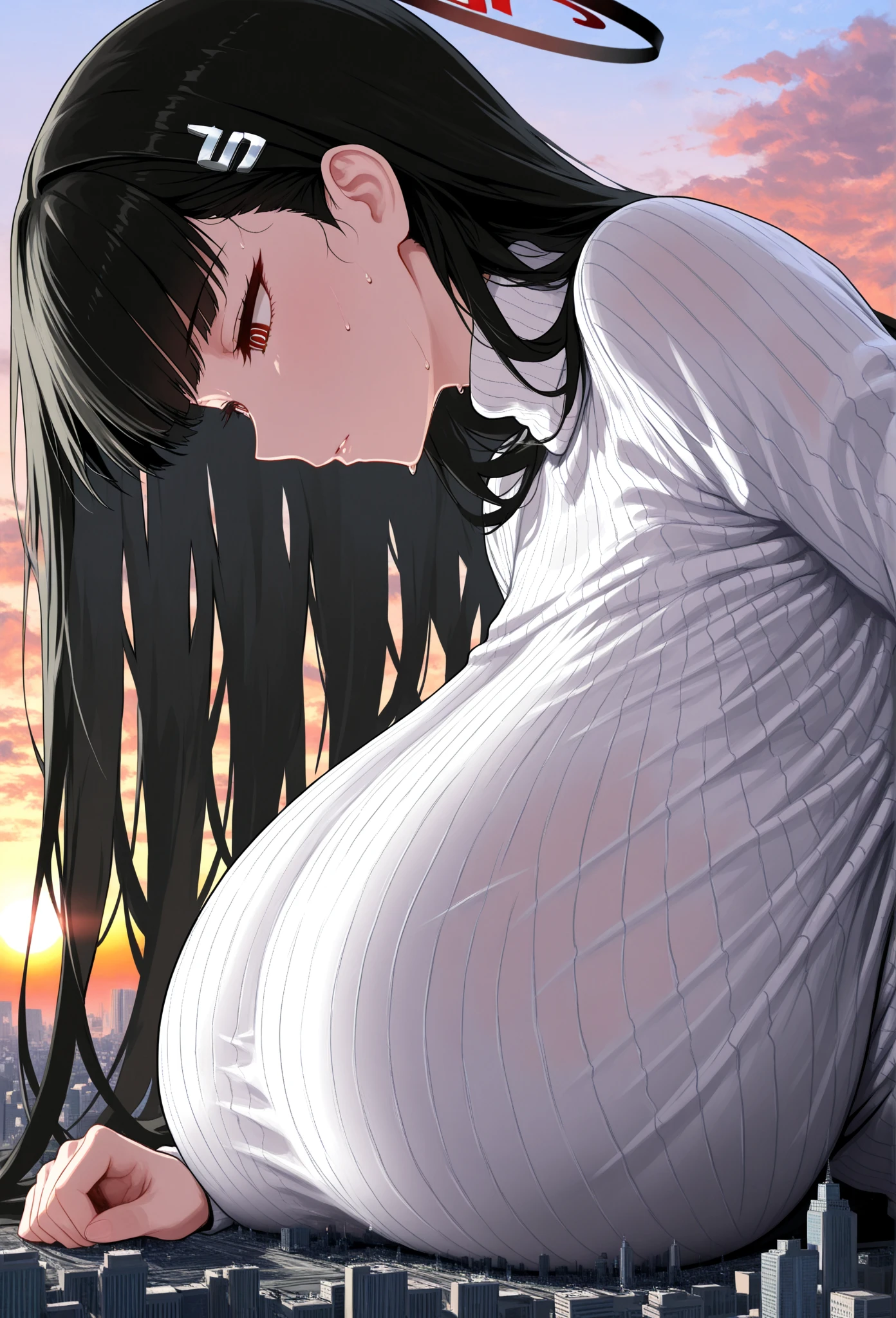 ((((Obra maestra, La mejor calidad, ultrahigh resolution)))), 1girl, kneeling,), ((long pure brown hair, hair over eye)), long hair cut, shiny skin, ((red eyes)), glowing_eyes, neon eyes, (ultra detailed eyes:0.7, beautiful and detailed face, detailed eyes:0.9), smirk, facing viewer, ((vibrant background, dark lighting, summer, sunlight)), large chested, looking at viewer, ((half closed eyes)), ((perfect hands)), (((head:1, arms, hips in view, elbows, in view))), ((hands behind back)), empty eyes, beautiful lighting, ((outside, outdoors)), defined subject, head tilt, (((gritty)), ((creepy)), ((cool)), ((beautiful)), (((SFW))), hair ornament, petals in the air, moon in the sky, city, mature woman, adult woman, sfw, pink and white dress, night dress, she is a princess, large chest, big boobs,
