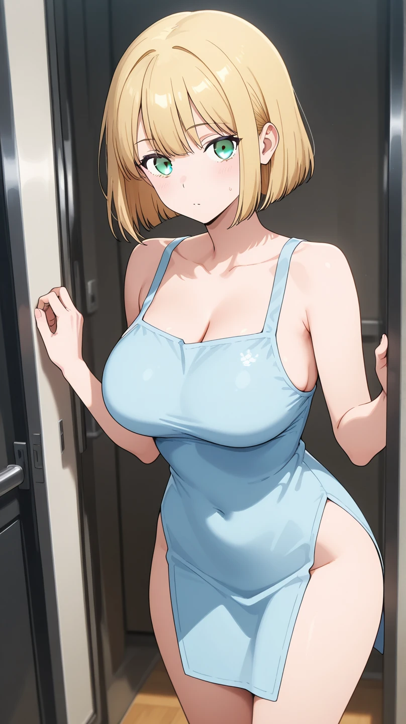 1 girl, solo, tall girl, beige hair,short beige hair, straight short hair, golr eyes, (school swimsuit:1.2), (Full Breasts), glamorous, High Height, masterpiece, from front, cowboy shot, high resolution, shiny, full body, beautiful, A cute smile that makes the viewer happy, highly detailed beautiful face and eyes, looking at viewer, school swim wear,