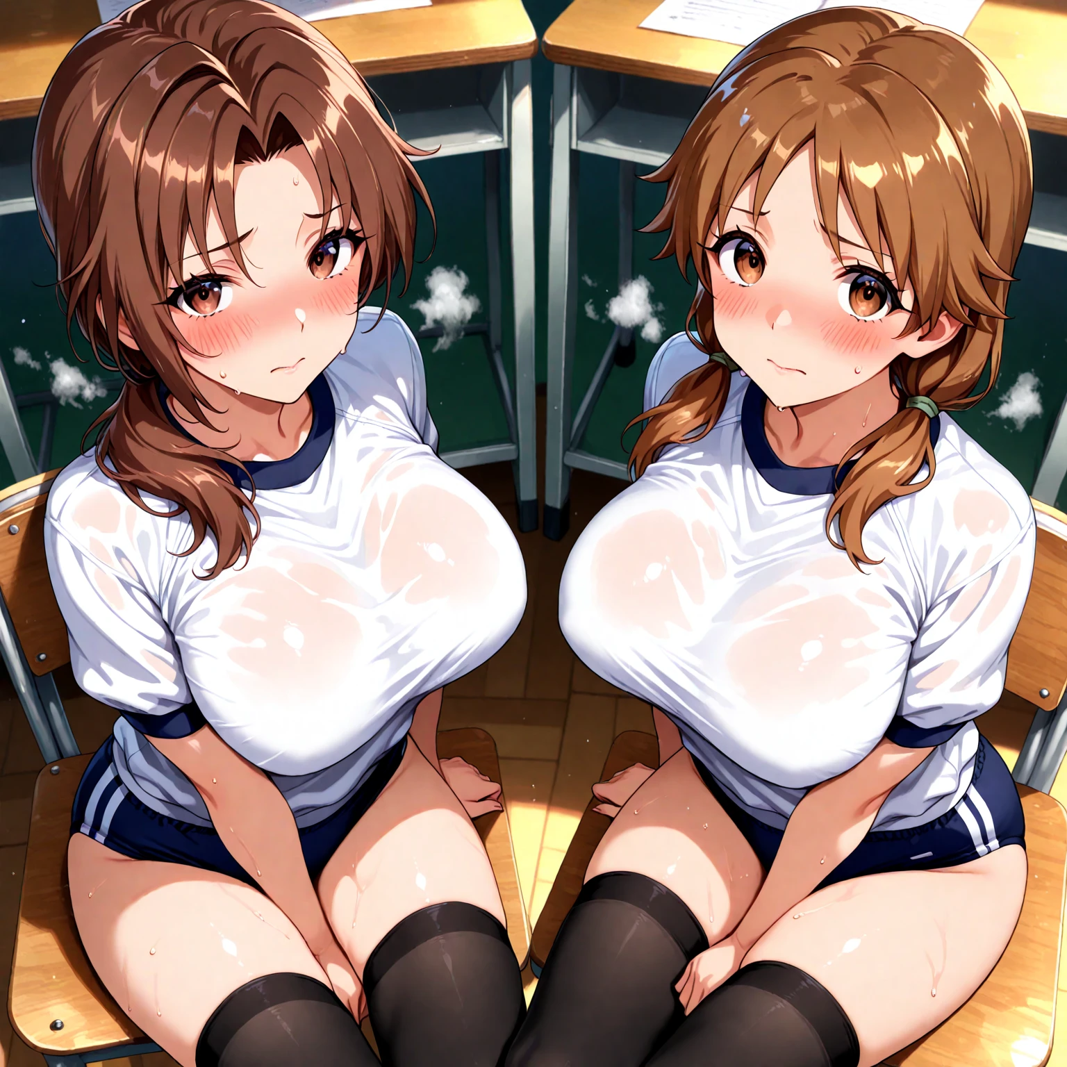 2lady(different hair style), 2lady(look of contempt), ((ultra-quality)), (Bukkake:1.5), (side view), (profile), (from side), (side colossal tit:1.6), (in 8K), (arms behind back:1.5), (arms are down), ultra highres, Hyper Detailed, High contrast, Ultrafine Strike, creative refinement, absurdres, Realistic, extremely detailed CG unified 8k wallpaper, Highly detailed, High-definition raw color photos, professional photography, Realistic portrait, Cinematic Light, Beautiful detailed, 28 years old woman, (realistic skin:1.3), (shiny skin), (Best Quality:1.4), Super Detail, High quality, master piece, lifelike, (After SEX), Bukkake, Perfect face, (cum on chest:1.5), (Bukkake:1.5), (covered by lot of cum:1.5), (Sharp Focus), (upper body), (close up), Delicate Beautiful Hair and Eyes and Face, Delicate eyes, radiant eyes, Lifelike, Hyper-detailing, (black tank top:1.3), (bare shoulder), (covered breasts), (nude lower body:1.5), (Sheer areola:1.3), (colossal breasts:1.6), (big breasts:1.5), (Beautiful breasts:1.5), (smooth stomach), (Sheer nipples:1.3), (erected large areola:1.1), (arms behind back:1.3), Beautiful cute woman, camel-toe details, (NSFW), wet clothes, pale black eyes, (bob cut), (medium hair), (parted bangs), (baseball stadium), (unpopular)