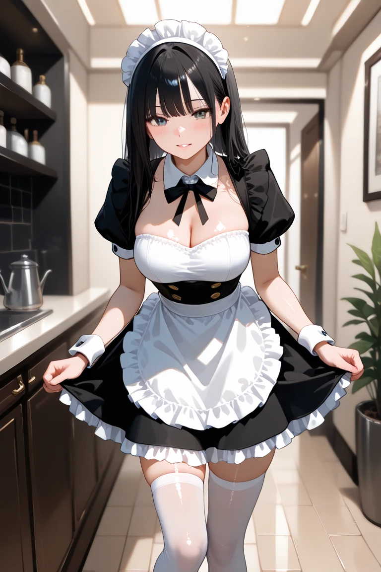 top-quality、８K、Neat and clean woman in her 20s、Black maid clothes and white apron、white knee-socks、A dark-haired、cat ear、poneyTail、huge tit:1.8、big butts:5.5、big breasts thin waist、Shy smile、Cheeks stain、Beautiful constriction、shinny skin、