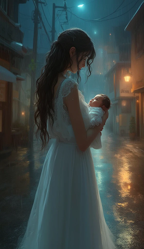 Woman with child in nature at night