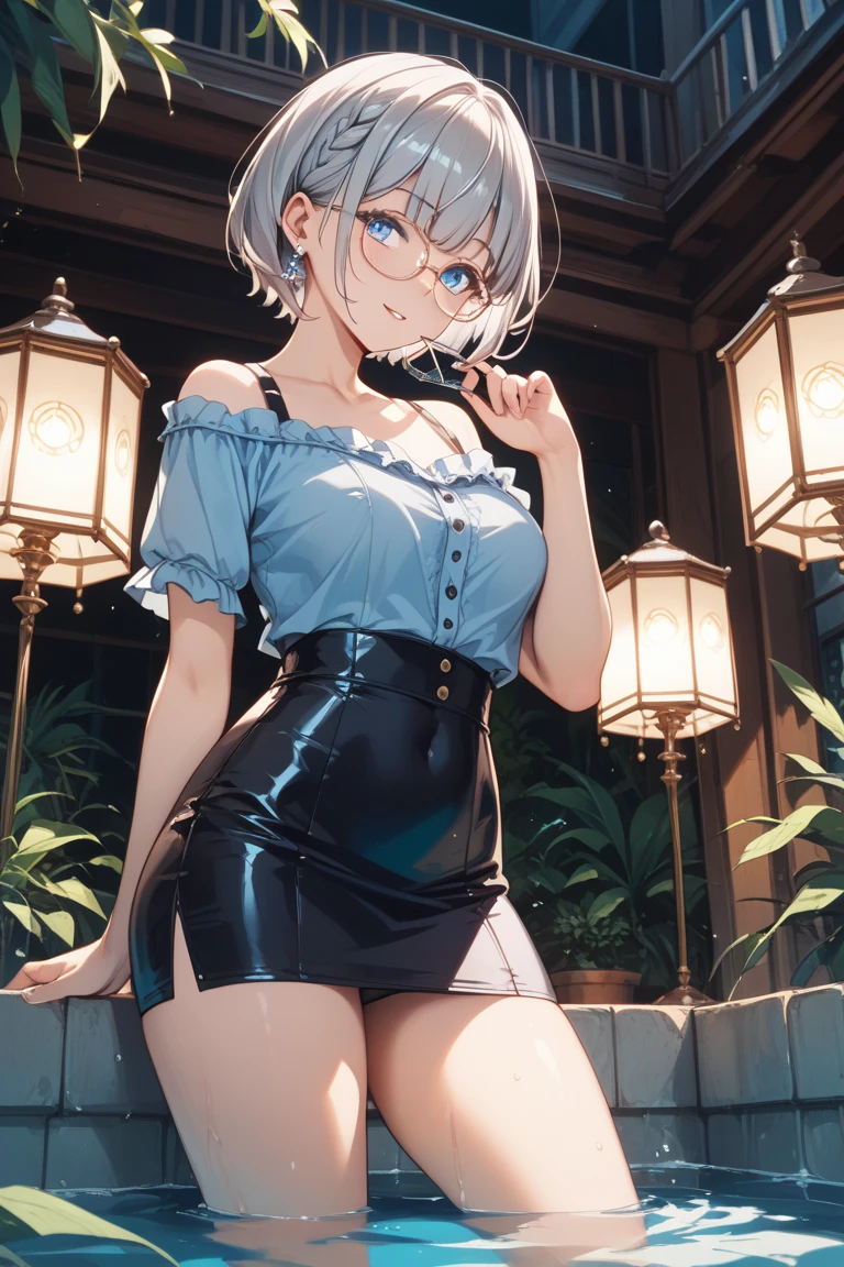 masterpiece, best quality, highly detailed, ultra high res, ayase arisa, 1girl, solo, hair ornament, short ash grey hair, side ponytail, glossy lips, halter-top dress, medium breasts, standing, forest, puffy skirt, layered skirt, tiered skirt, city, night, crowd, light smile